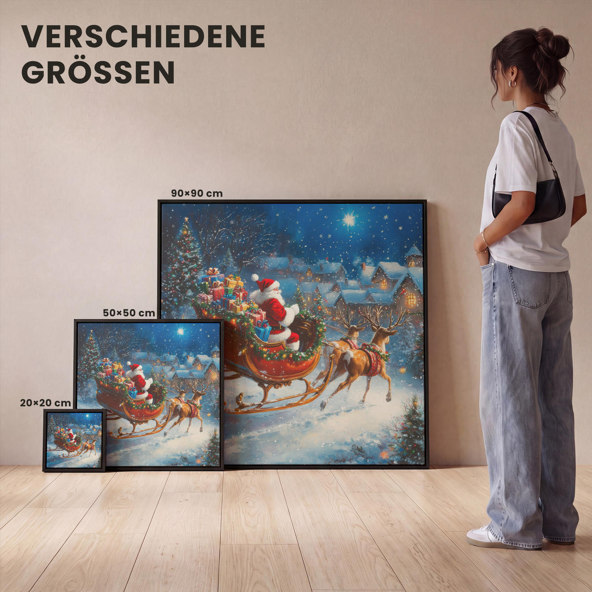 LEINWAND Bilder mit Rahmen - Weihnachtsmann - Rentier - Weihnachten - Schnee - 20x20 - Cognac, Textil (20/20cm) - MuchoWow