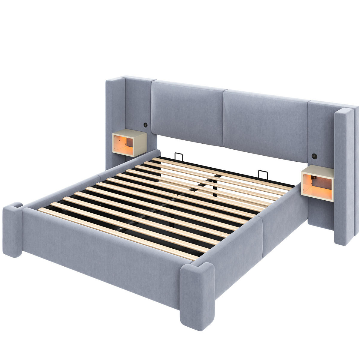 POLSTERBETT aus Leinen und MDF 140x200 cm Grau mit LED-Nachttischen, Staufächern und Hydraulikfunktion - Grau, Textil (140/200cm) - Modfu