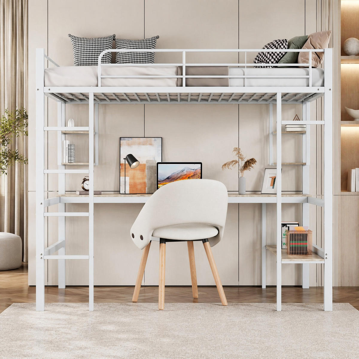 HOCHBETT 90/200 cm Weiß aus Metall und MDF mit Schreibtisch und Regalen - Weiß, Metall (90/200cm) - OKMYHOME