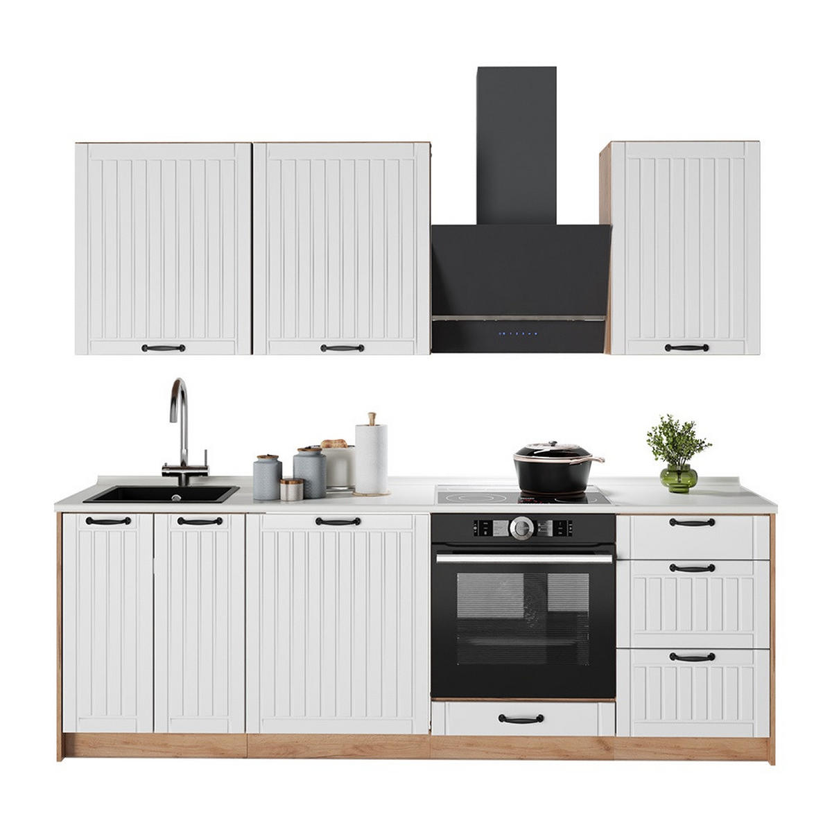 KÜCHENZEILE Fame-Line, Weiß Landhaus/Goldkraft Eiche, 230 cm, AP Eiche - Honigeiche/Weiß, Holzwerkstoff (230/206.8/60cm) - Vicco