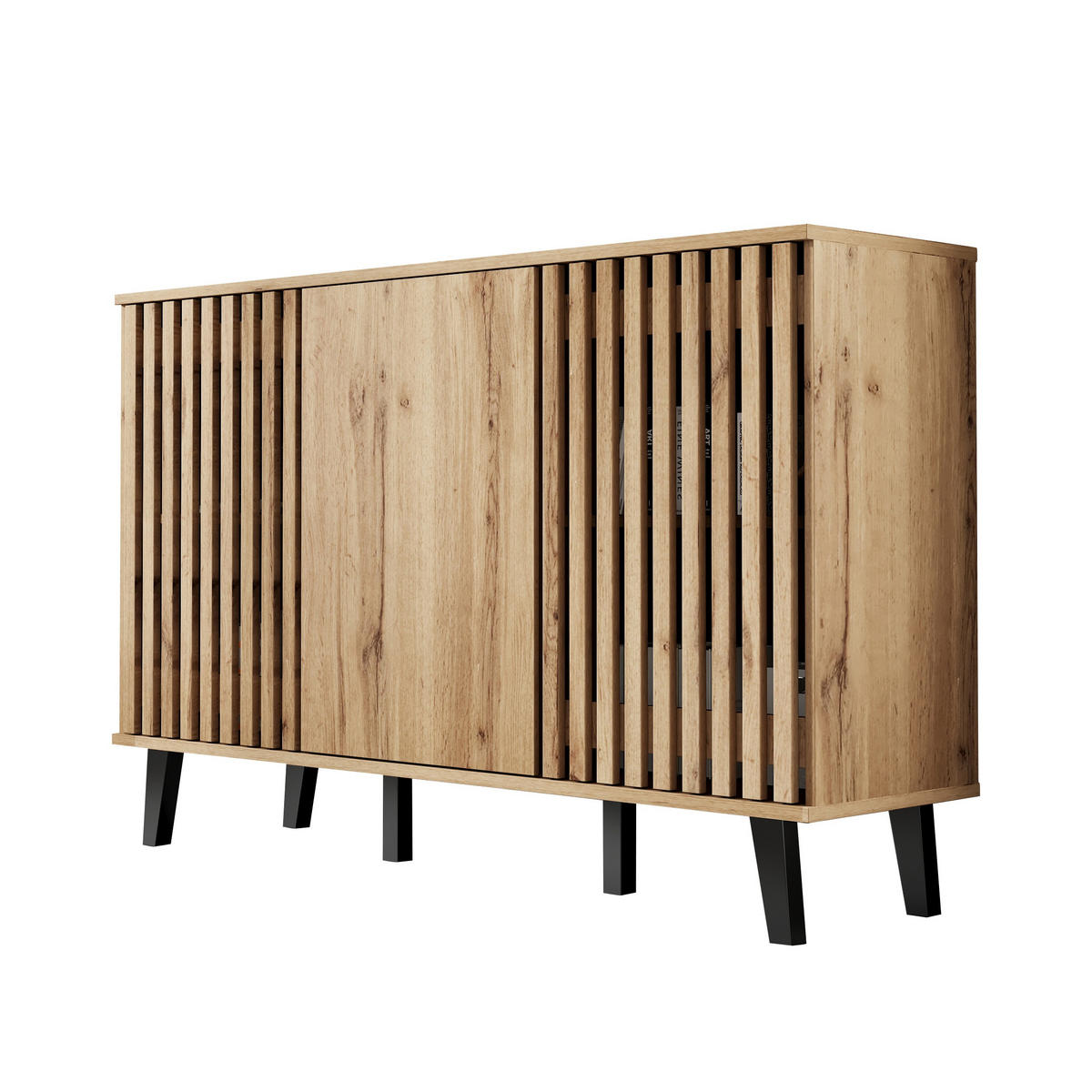 SIDEBOARD Holzoptik Natur, mit Türen, Lamellenfronten und schwarzen Standfüßen, 150/40/95 cm - Naturfarben, Holzwerkstoff (150/95/40cm) - WISHDOR