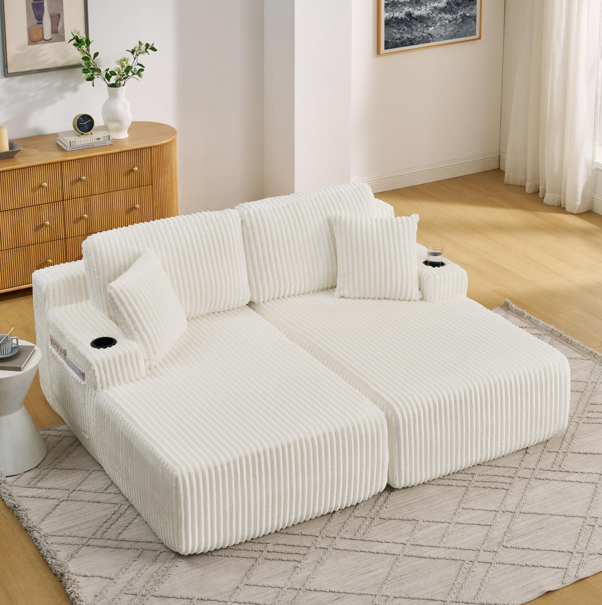 SCHLAFSOFA mit Relaxfunktion, Kordstoff, mit Seitentasche, Getränkehalter und abnehmbaren Kissen, Beige - Beige, Kunststoff (186/78/154cm) - Redom