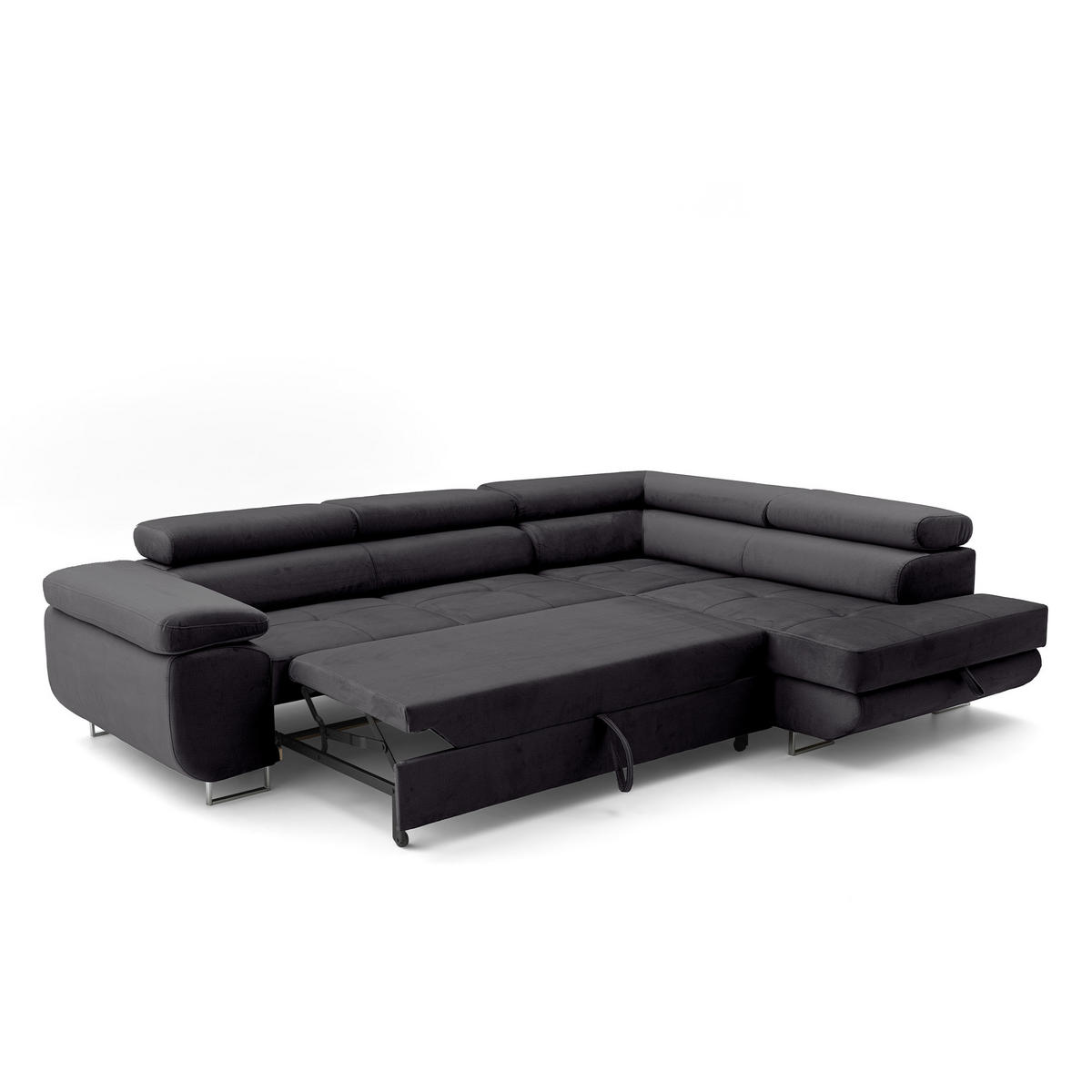 ECKSOFA WILD L Rechts mit Schlaffunktion 127x195 Velours Dunkelgrau - Chromfarben/Dunkelgrau, Holz/Textil (274/203cm) - Muffo