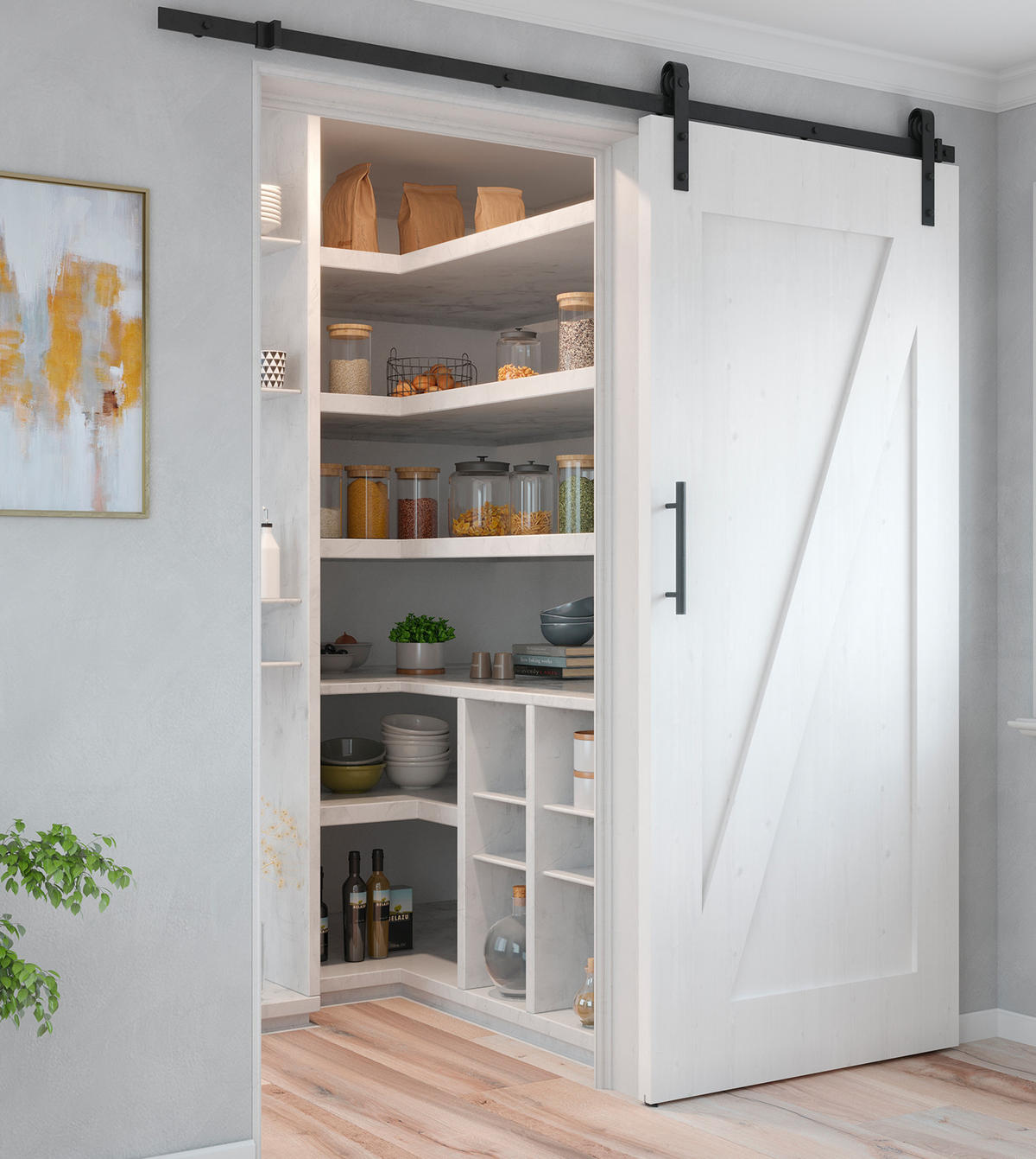 HARDWARE SET für eine Barn Holz Hänge-Schiebetür, mit sanftem Schließen, Paneele nicht inbegriffen, Stahl und Kunststoff, Schwarz lackiert - Schwarz, Metall (10/25/200cm) - EMUCA