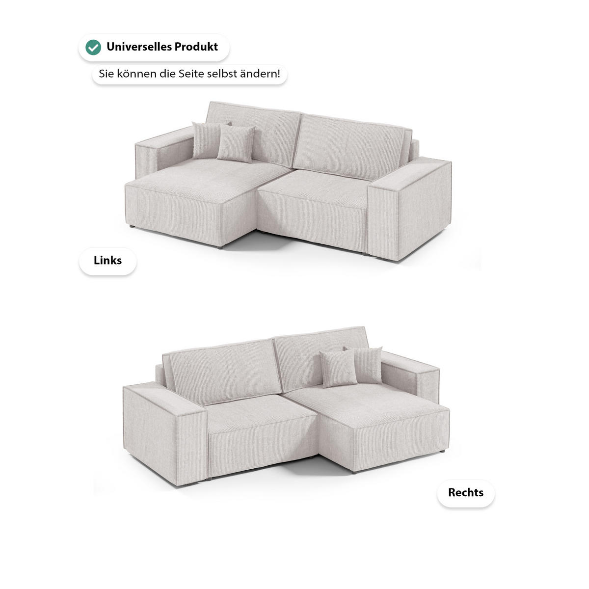 ECKSOFA Schlaffunktion Sekwana mini Creme - Creme, Textil (148/257cm) - Fedve