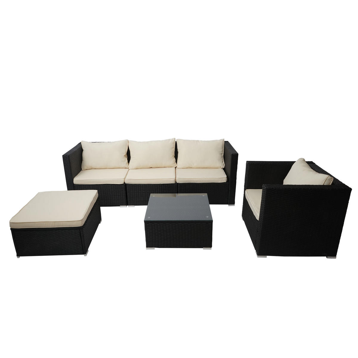 POLY-RATTAN-GARNITUR Schwarz, Cremeweiß - Schwarz/Weiß, Kunststoff - MCW