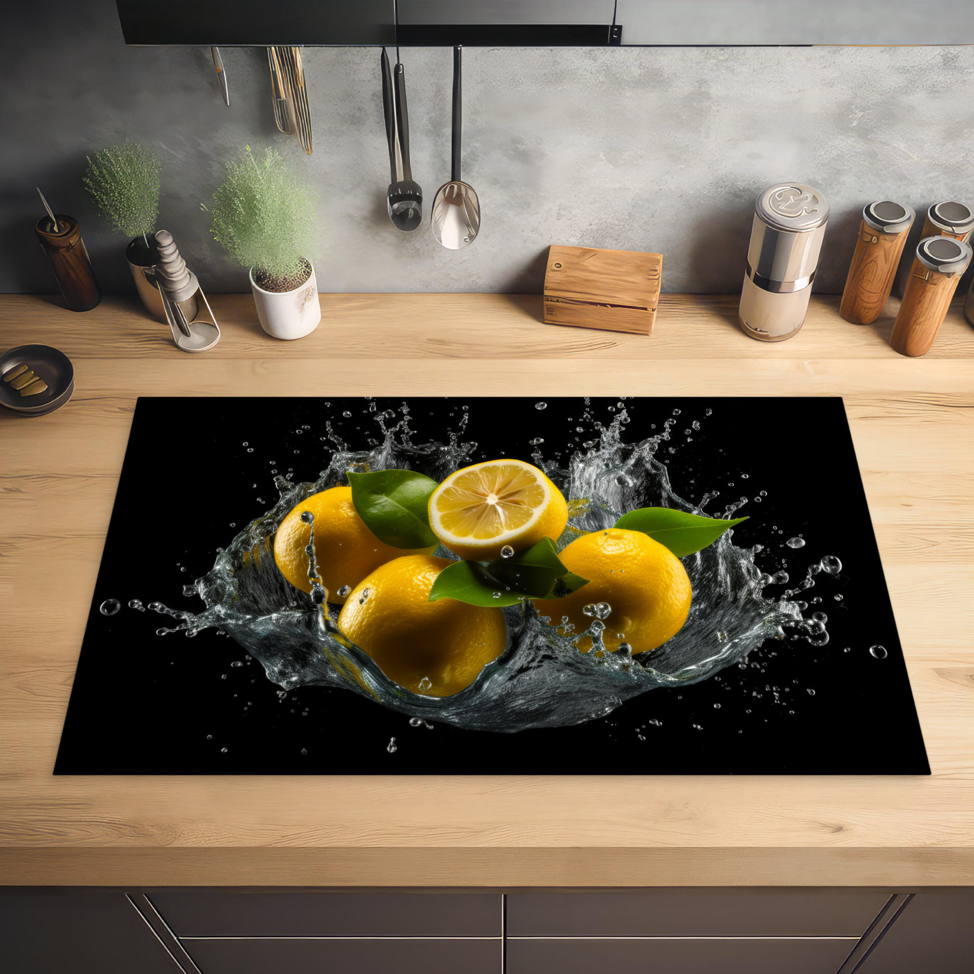 HERDABDECKPLATTE Zitrone - Obst - Gelb - Schwarz 83x51 cm - Gelb, Kunststoff (83/0.2/51.5cm) - MuchoWow