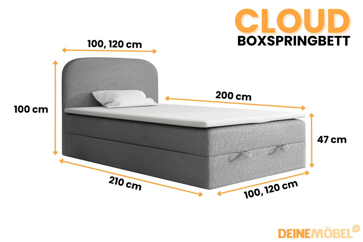 BOXBETT CLOUD 100/200 in Boucle Grau H4 - Grau, Holz/Holzwerkstoff (100/200cm) - Deine Möbel 24