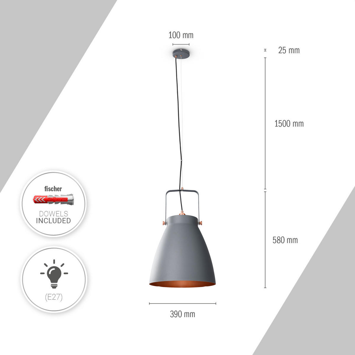 PENDELLEUCHTE Boone Pd - Grau, Metall (39/39/58.4cm) - Paco Home