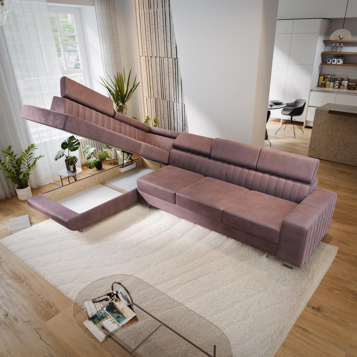 ECKSOFA HESTION Lila Velours-Stoff mit Schlaffunktion - Lila, Holz (332/190cm) - MASSENO