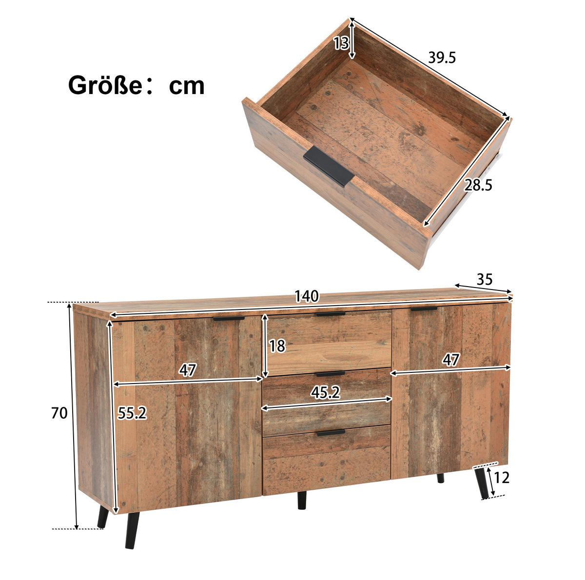 TV komoda z dřevotřísky 140x35x70 cm antická hnědá se 3 zásuvkami a nastavitelnými policemi - hnědá, kompozitní dřevo (140/70/35cm) - Modfu