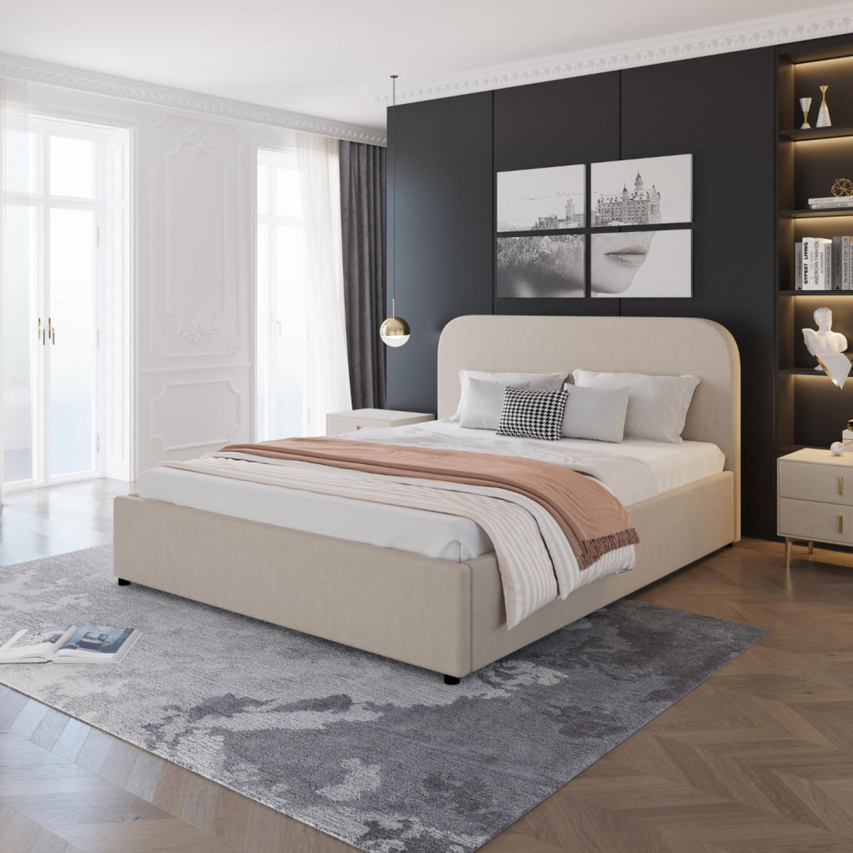 BETT HOUSTON Beige mit Stauraum 140x190cm aus Samt - Beige, Holz (140/190cm) - Concept Usine