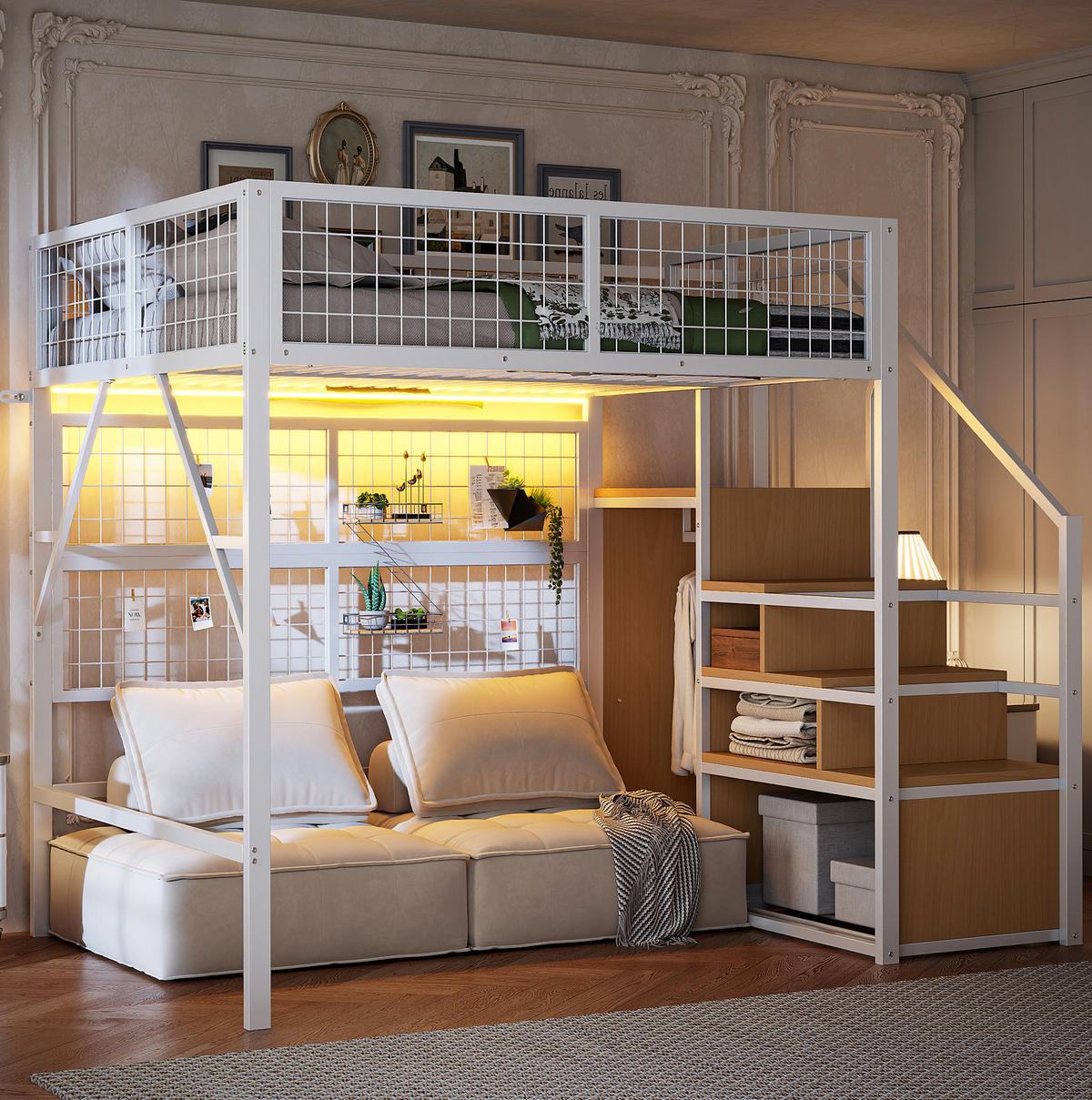 HOCHBETT aus Metall und MDF 140x200 cm Weiß mit app-gesteuerter LED-Beleuchtung, Stauraumtreppe und Kleiderschrank - Weiß, Metall (140/200cm) - Modfu