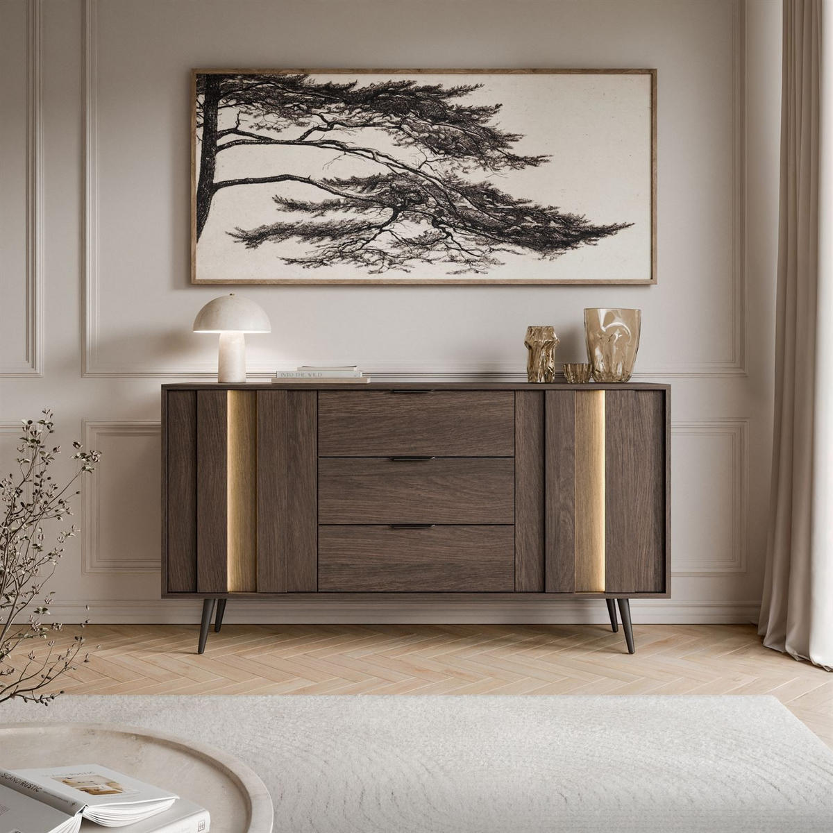 KOMMODE ALMA 2D3S mit LED-Beleuchtung - Eichefarben/Schwarz, Holzwerkstoff (183/88/40cm) - Lookway