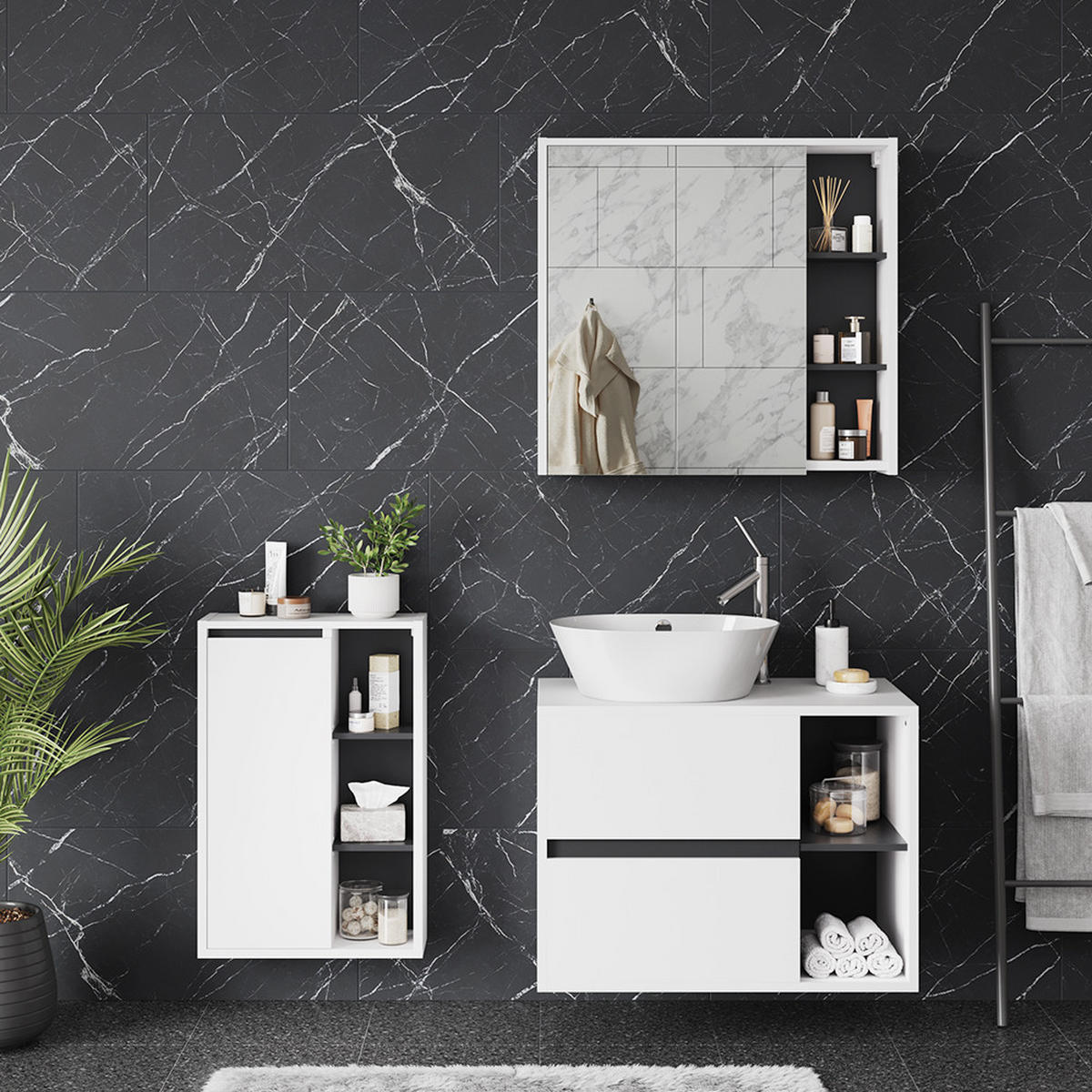 SADA KOUPELNOVÉHO NÁBYTKU Viola Bílá/šedá - bílá/šedá, kompozitní dřevo (80/60/46cm) - Vicco