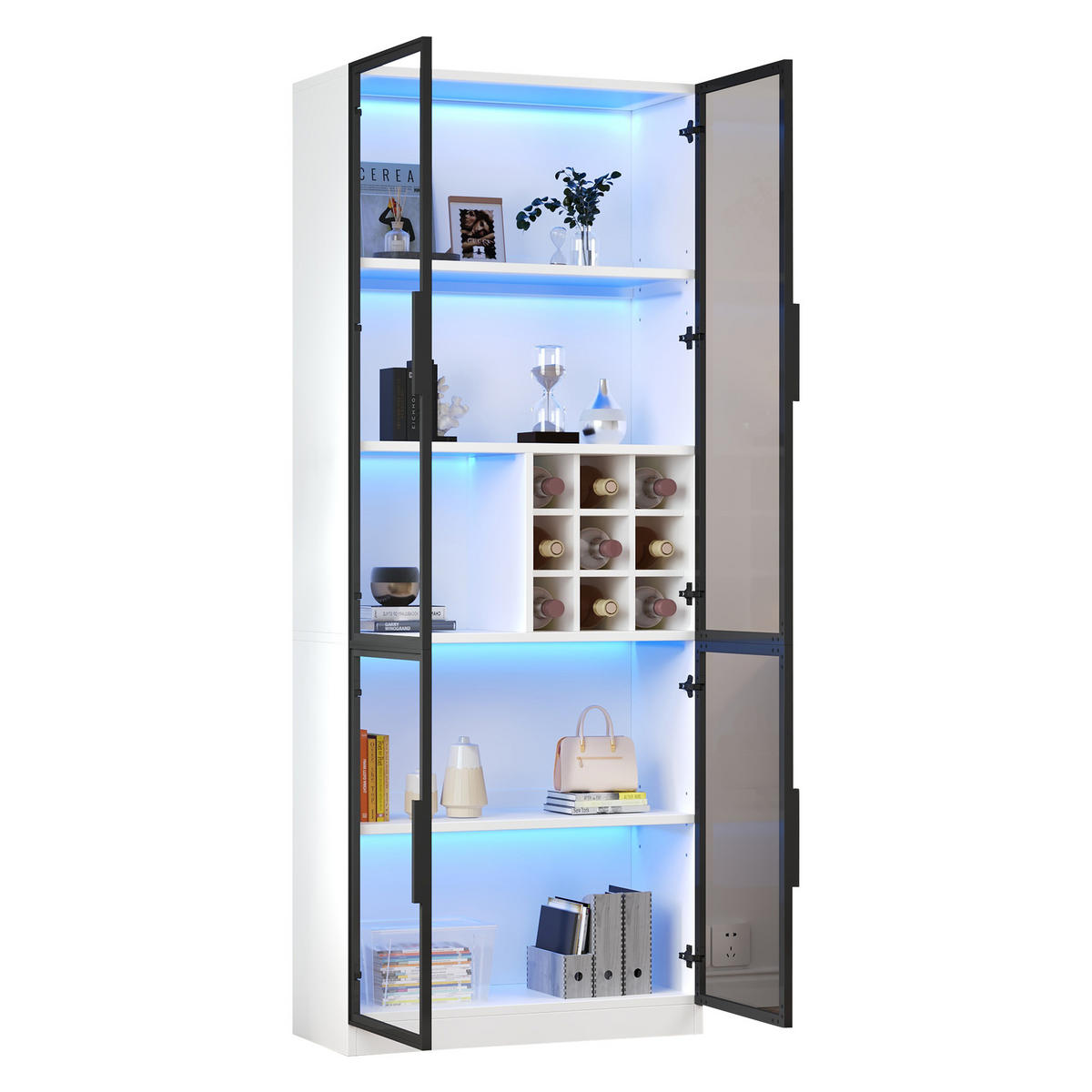 VITRINE LED Glasvitrine Glastüren Hochschrank Weinregal 200cm - Weiß, Holzwerkstoff (80/200/35cm) - FLIEKS