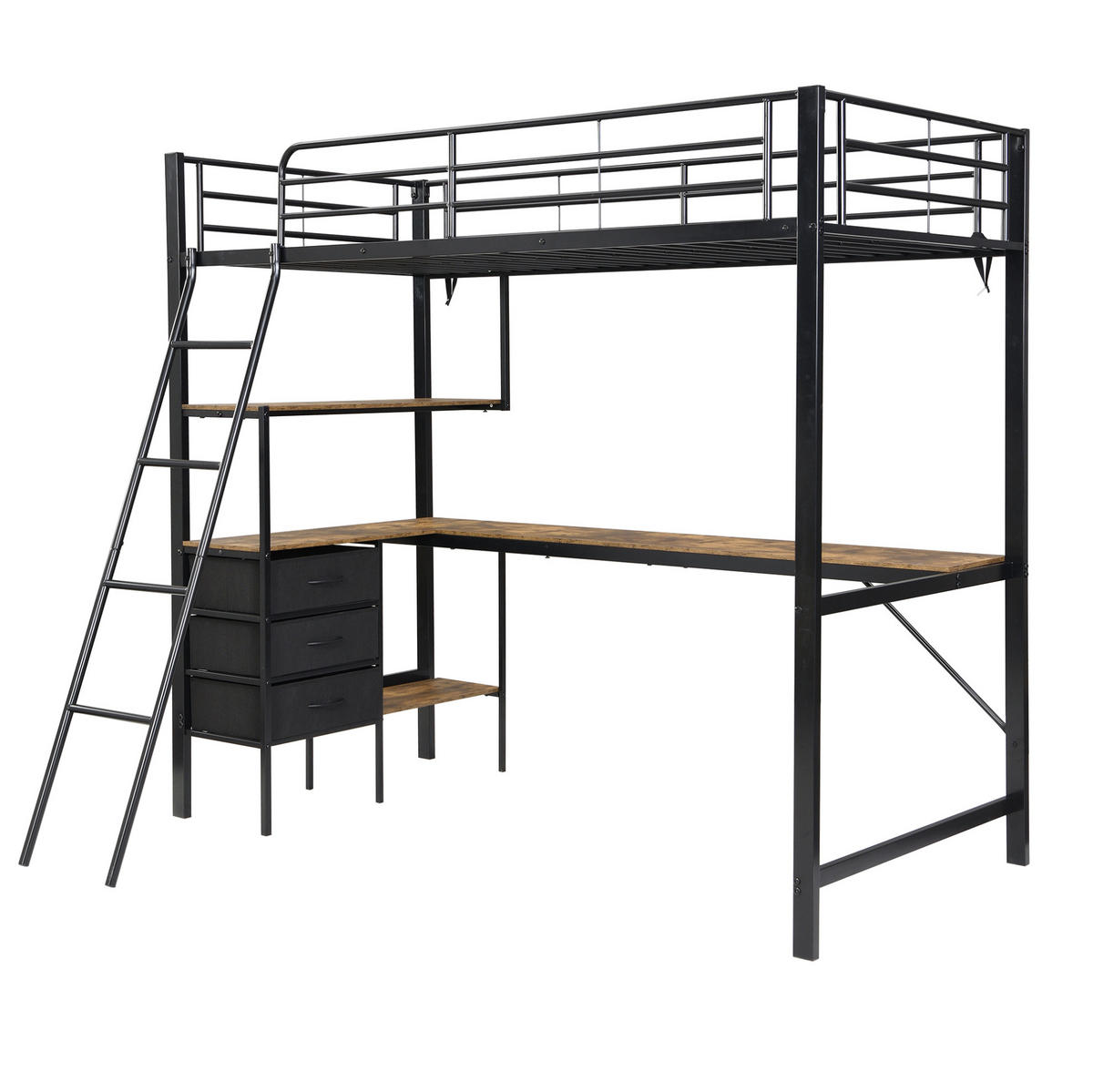 HOCHBETT aus Metall und Spanplatte 90x200 cm Schwarz/Dunkelwalnuss mit Schreibtisch und 3 Schubladen - Schwarz, Metall (90/200cm) - IVMEU