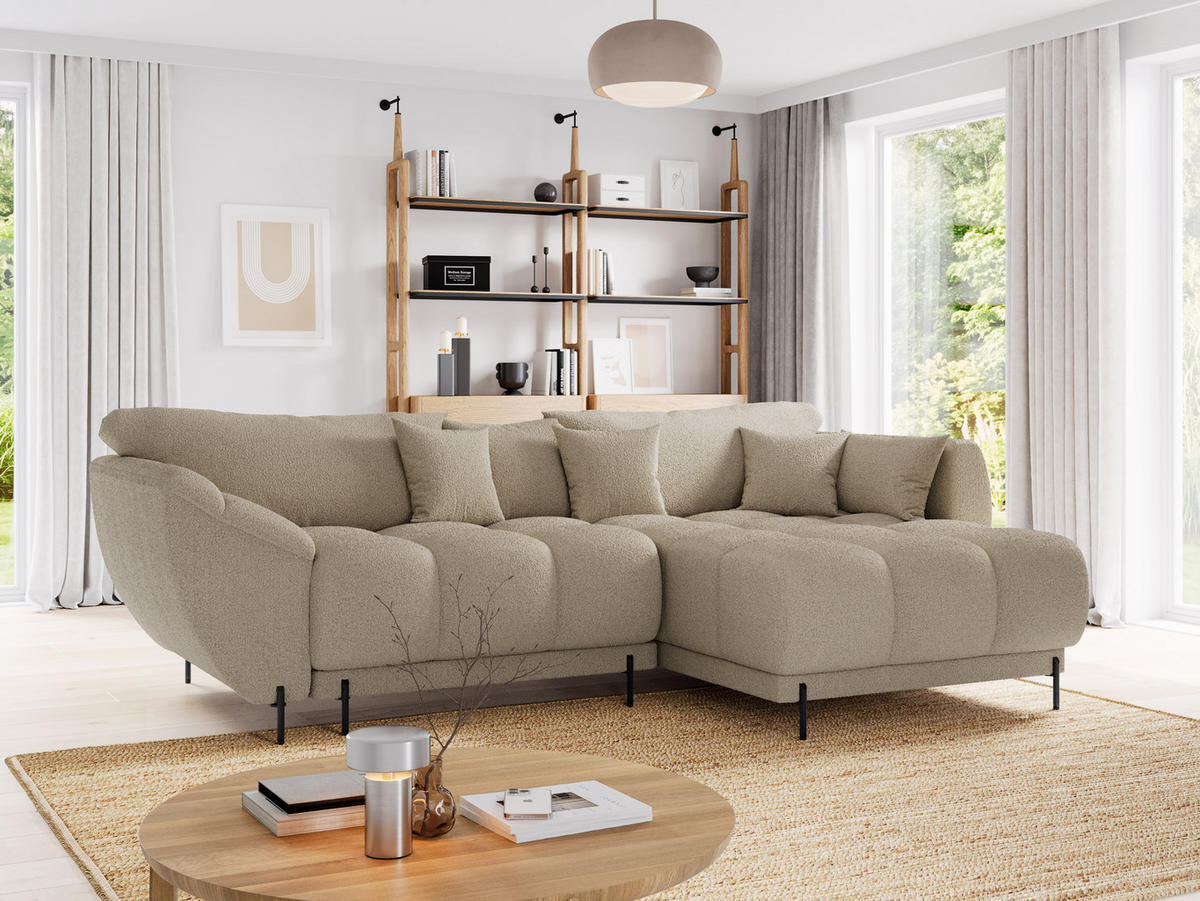ECKSOFA LEGRO Rechts weiß Bouclé-Stoff L-Form Couch mit Schlaffunktion & Bettkasten - Schwarz/Weiß, Holz (285/180cm) - Barchello
