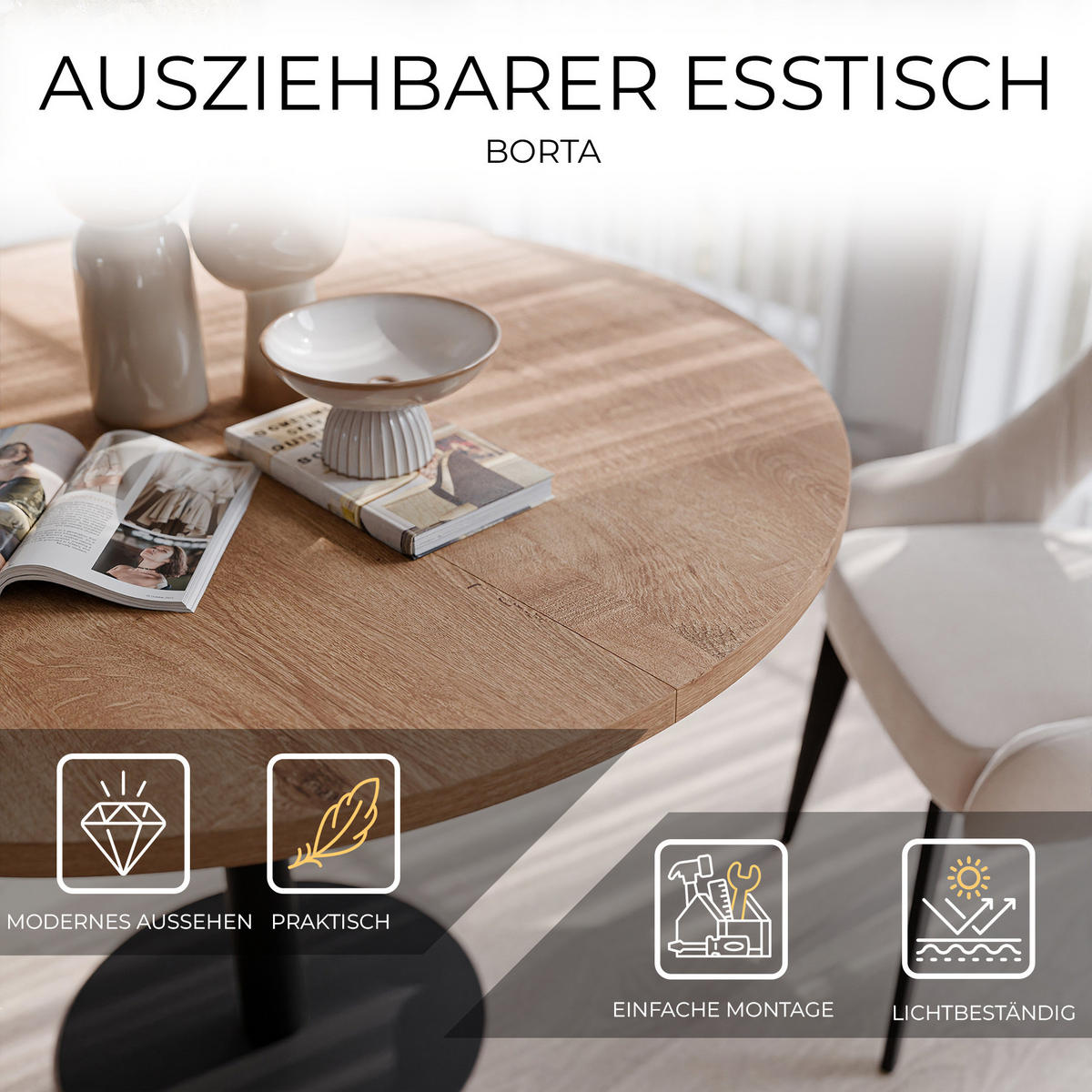 TISCH einbeinig schwarzes Bein, MDF Tischplatte, Lefkas Eiche - Schwarz/Braun, Holzwerkstoff (100/100/76cm) - Idohome