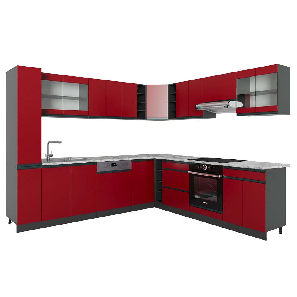 ECKKÜCHE R-Line Rot/Anthrazit 257 x 277 cm J-Shape, AP Marmor - Rotbraun/Anthrazit, Holzwerkstoff (277/81.6/60cm) - Vicco