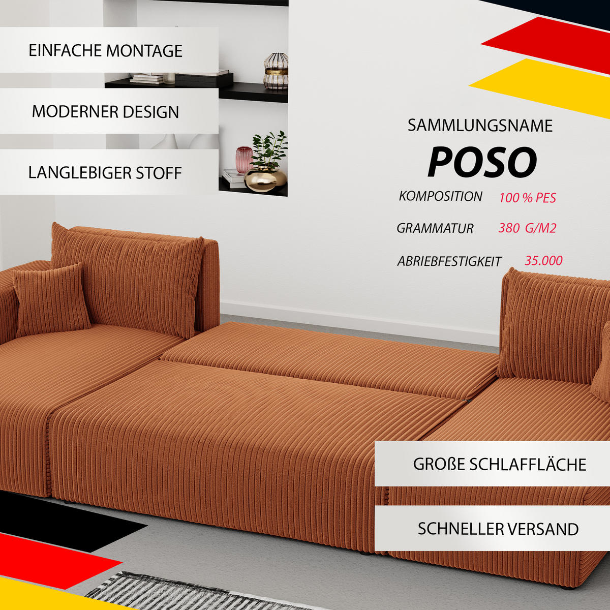 WOHNLANDSCHAFT mit Schlaffunktion und Bettkasten, Orange - Orange, Holzwerkstoff/Textil (318/79/145cm) - Idohome