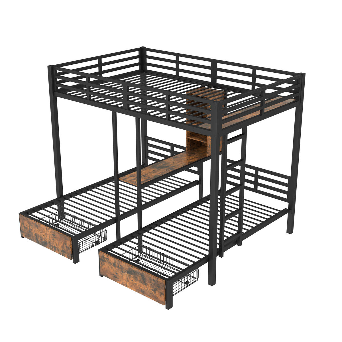 ETAGENBETT 140/200 + 90/200 cm aus Metall und MDF mit 3 Liegeflächen, Stauraum und 2 Schubladen, Schwarz - Schwarz, Holzwerkstoff (140/200cm) - Redom