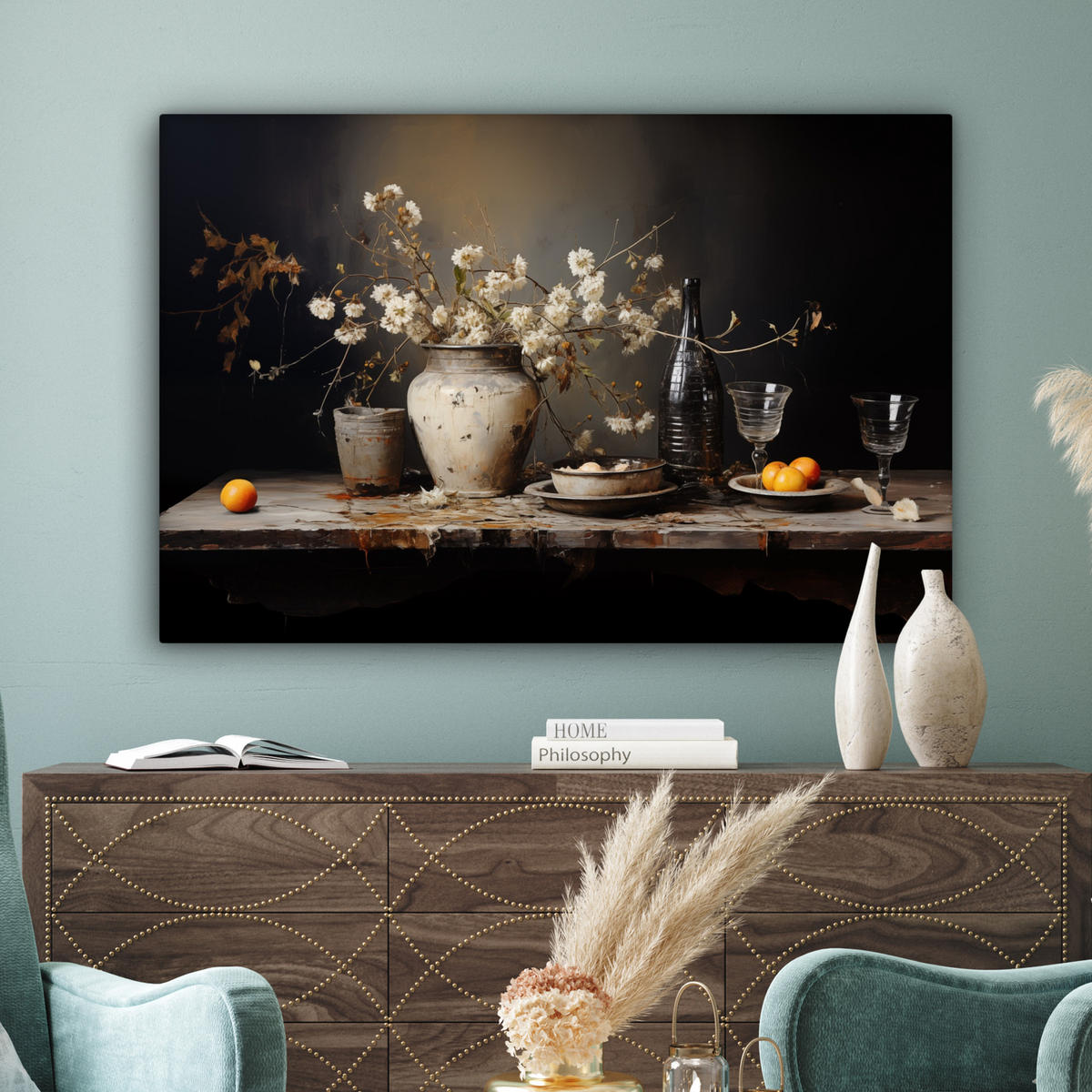 LEINWANDBILD Stilleben - Blumen - Blumenstrauß - Vase - Wein Groß 140x90 cm - Schwarz, Textil (140/90cm) - MuchoWow