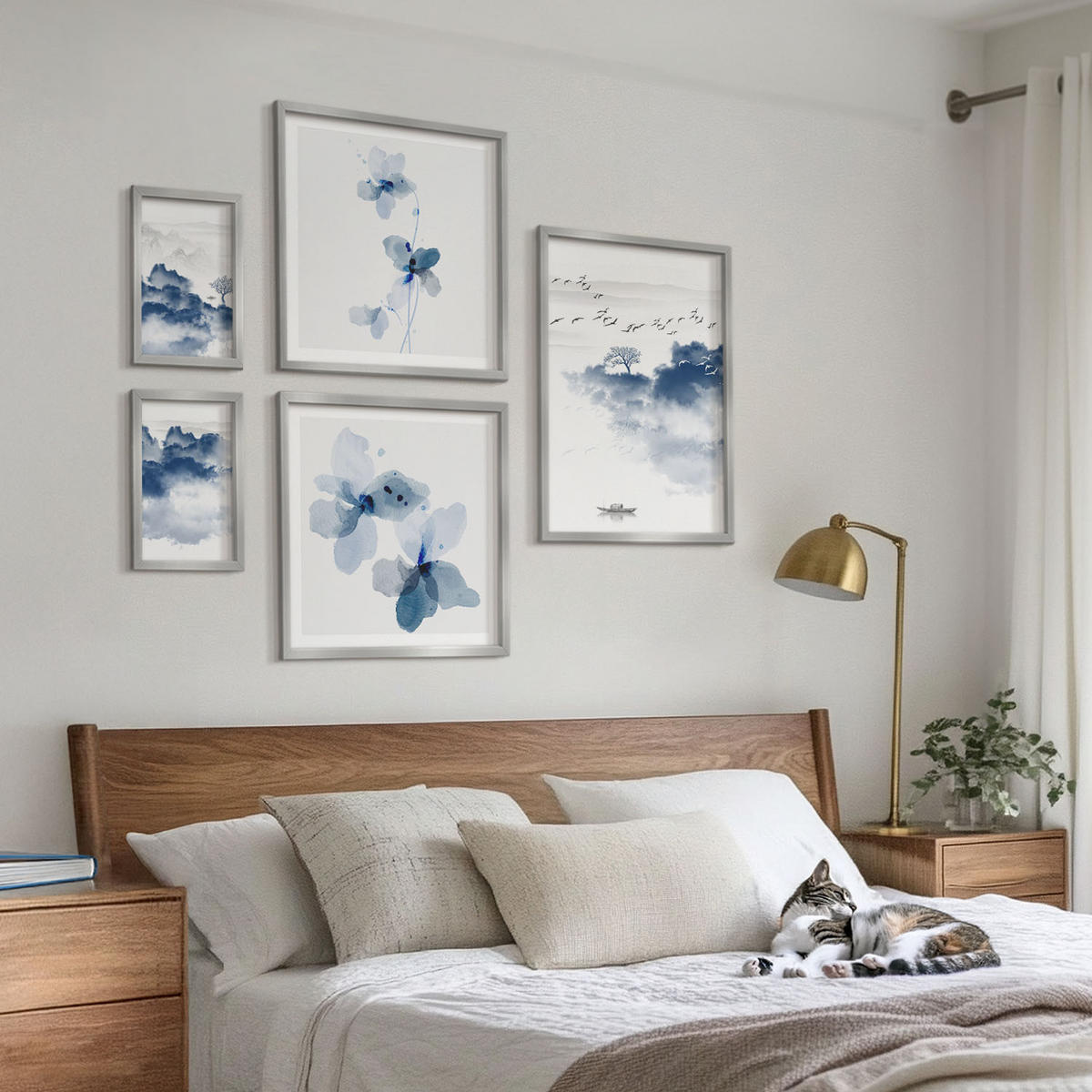 WANDBILDER 5er Set - 50x50 cm & 20x30 cm & 40x60 cm Silberner Rahmen - Berge, Wolken, Bäume, Vögel im Hintergrund - Silberfarben, Kunststoff (40/60cm) - ArtPrintCave