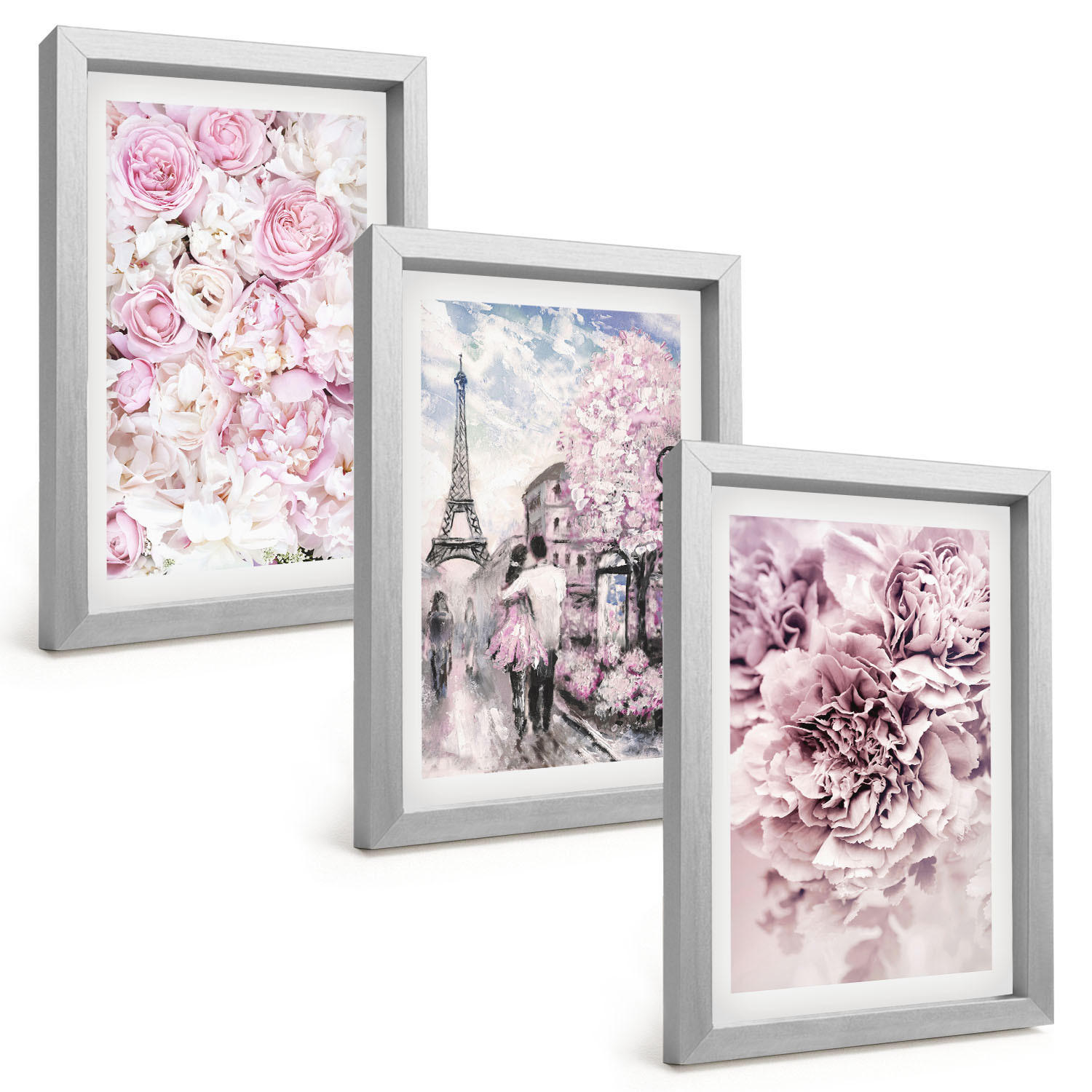 BILDER SET 3er Set - 20x30 cm Silberner Rahmen - Blumenlandschaft in Rosatönen - Silberfarben, Kunststoff (20/30cm) - TULUP