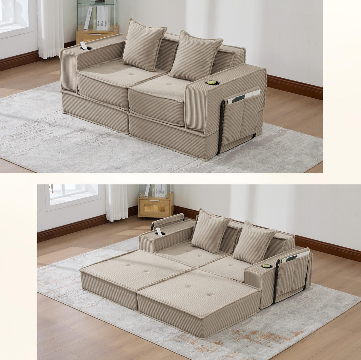 2-SITZER-SOFA 162/78/66 cm mit 2 Kissen, Seitentaschen und modularer Form, Cord Khaki - Beige, Textil (162/66/78cm) - Redom