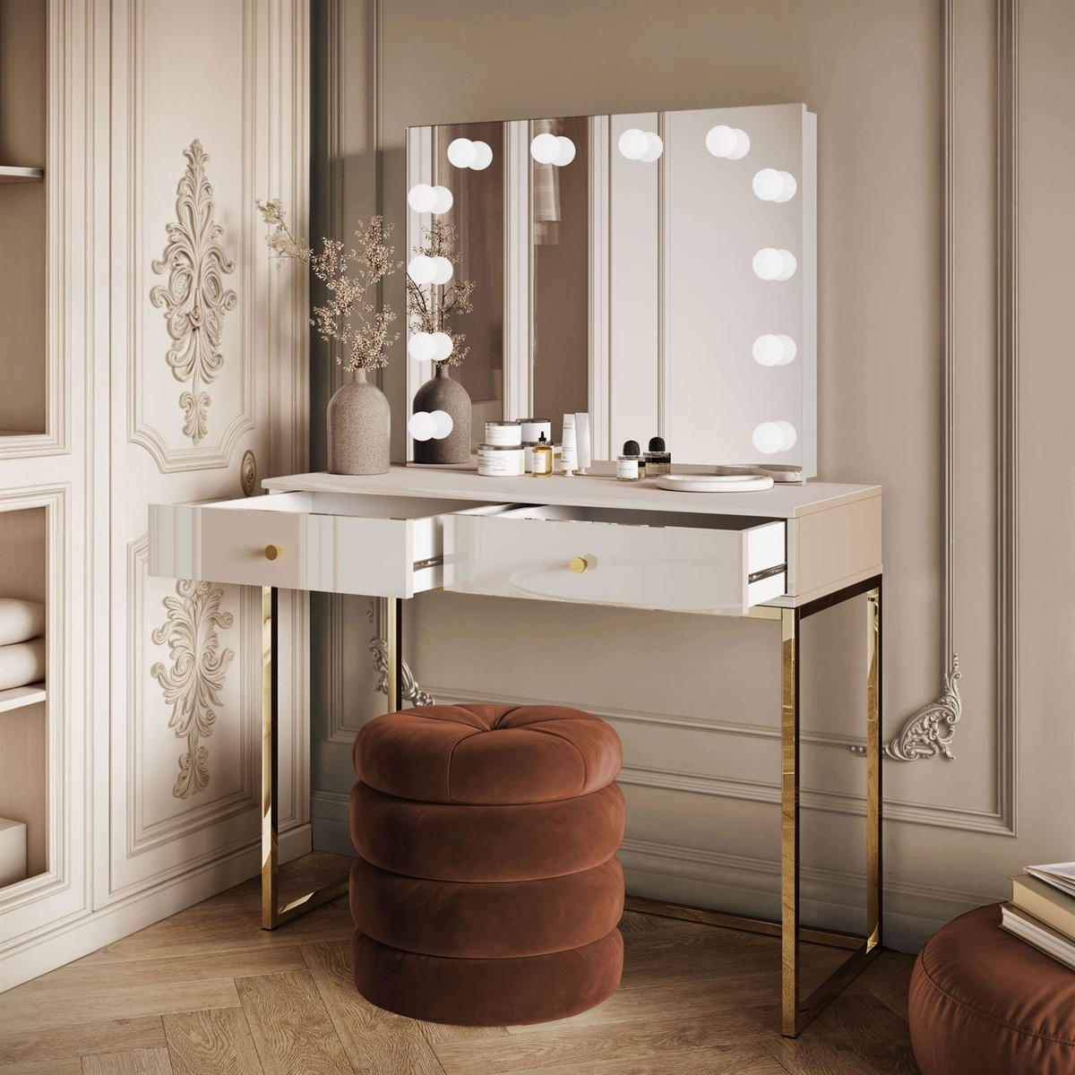 SCHMINKTISCH BLANCO KASCHMIR ELITE mit Spiegel und Beleuchtung goldener Chrom goldener Griff - Ecru, Holzwerkstoff (100/81/42cm) - Lookway