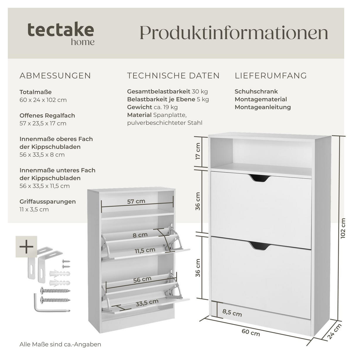 SCHUHSCHRANK Calea, 60 x 24 x 102 cm, weiß - Weiß, Holzwerkstoff (60/102/24cm) - tectake