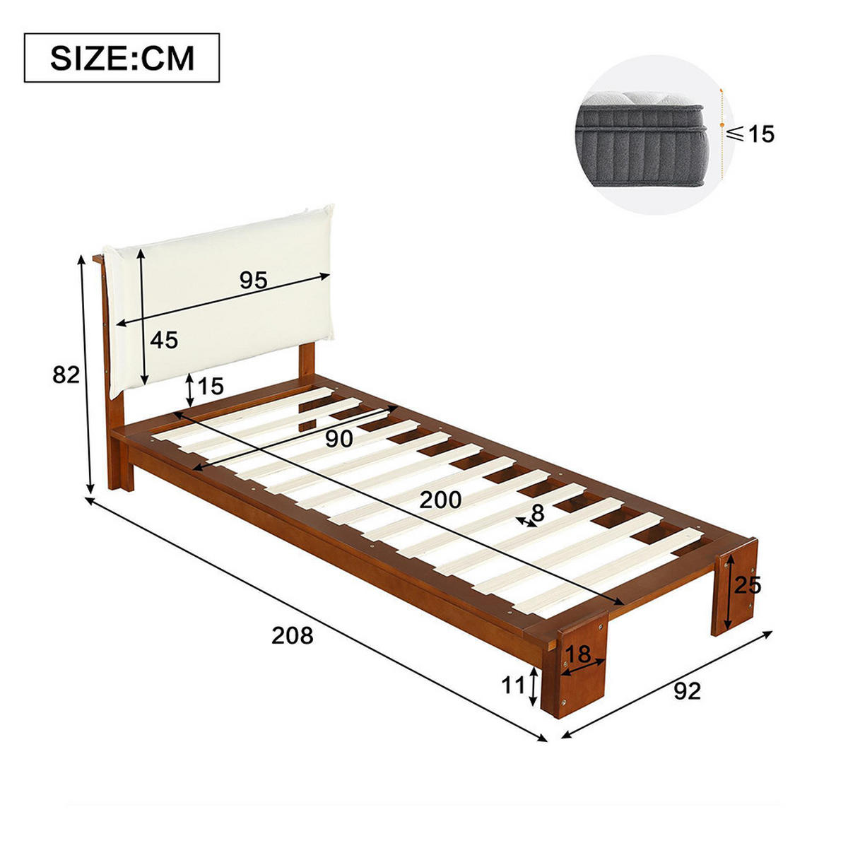 JEDNOKREVETNA POSTELJA 90x200 cm u tamno smeđoj boji sa širim nogama - smeđa, drvo (90/205cm) - KOMHTOM