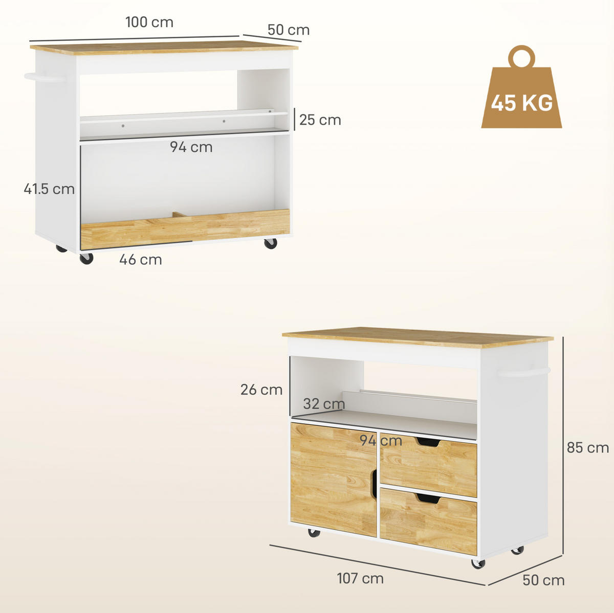 KÜCHENINSEL 107/50/85 cm eiche aus Holz mit Rollen und Soft-Close-Tür - Eichefarben, Holz (107/85/50cm) - OKWISH