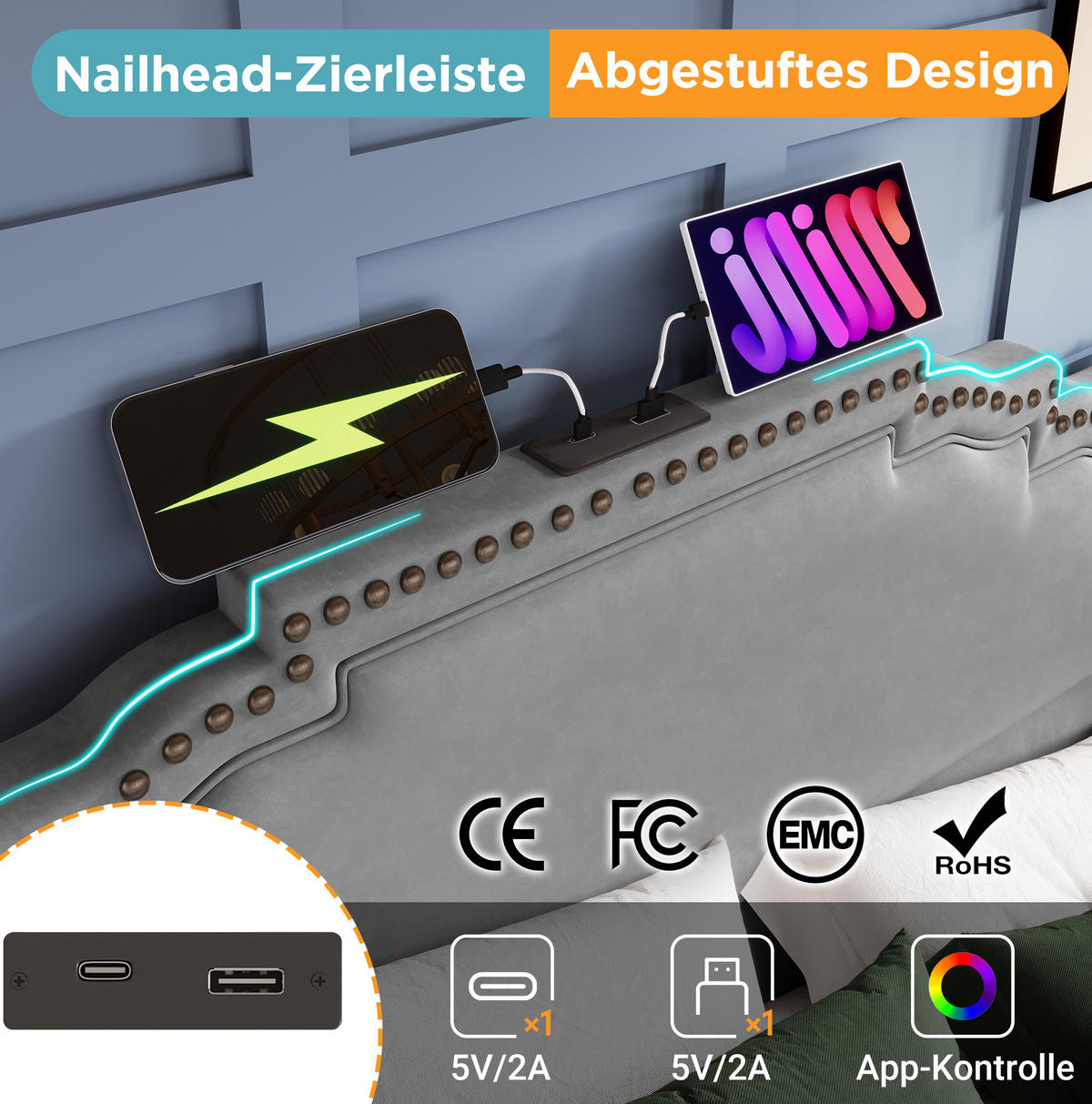 POLSTERBETT 180/200 cm mit 4 Schubladen, LED-Beleuchtung, USB-C und Lattenrost aus Samt, Grau - Grau, Textil (180/200cm) - Redom