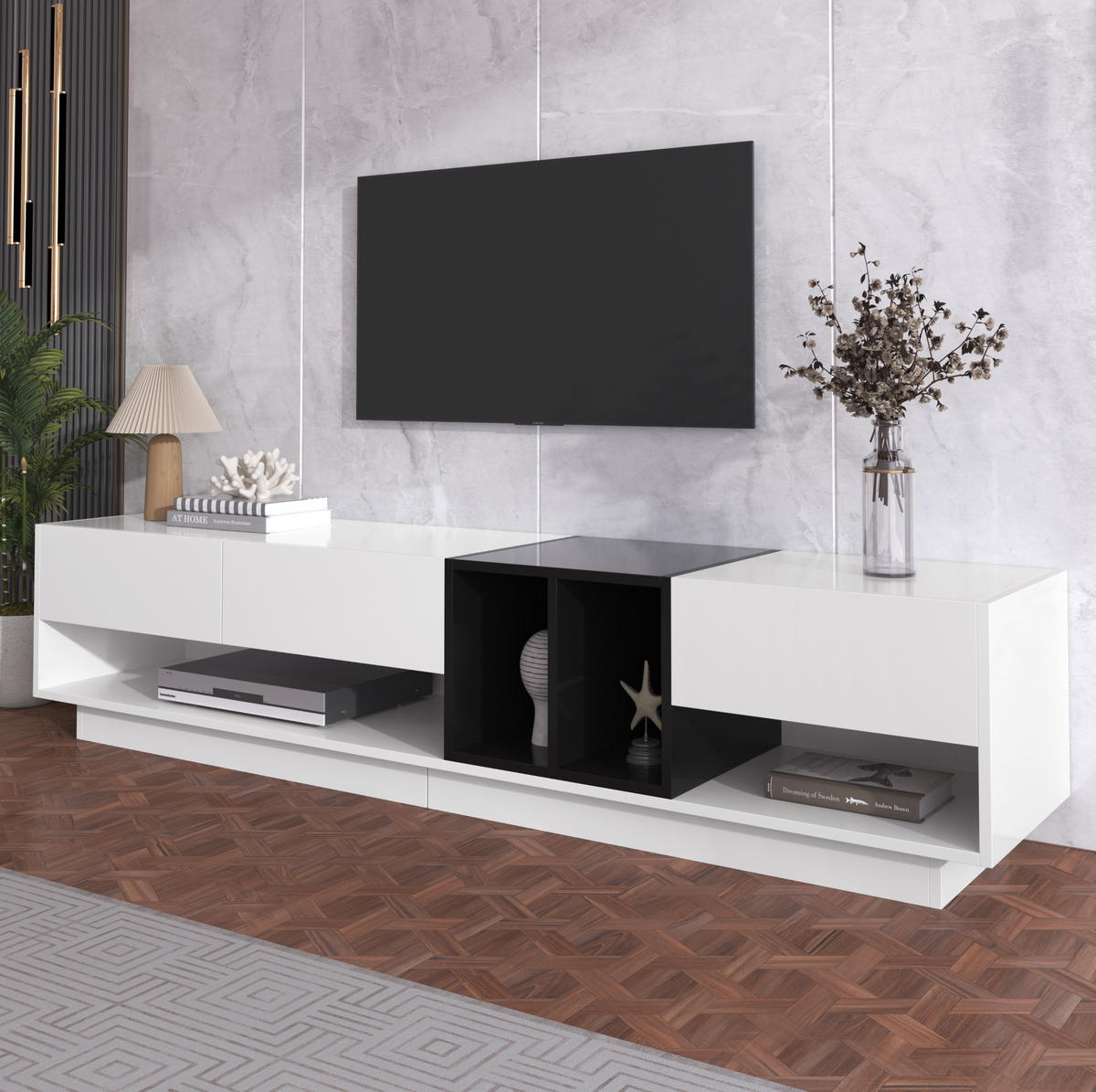 TV-SCHRANK aus Spanplatte 190x40x42 cm Weiß/Schwarz mit 3 Schubladen und 2 offenen Fächern in Hochglanz - Schwarz, Holzwerkstoff (190/42/40cm) - Modfu