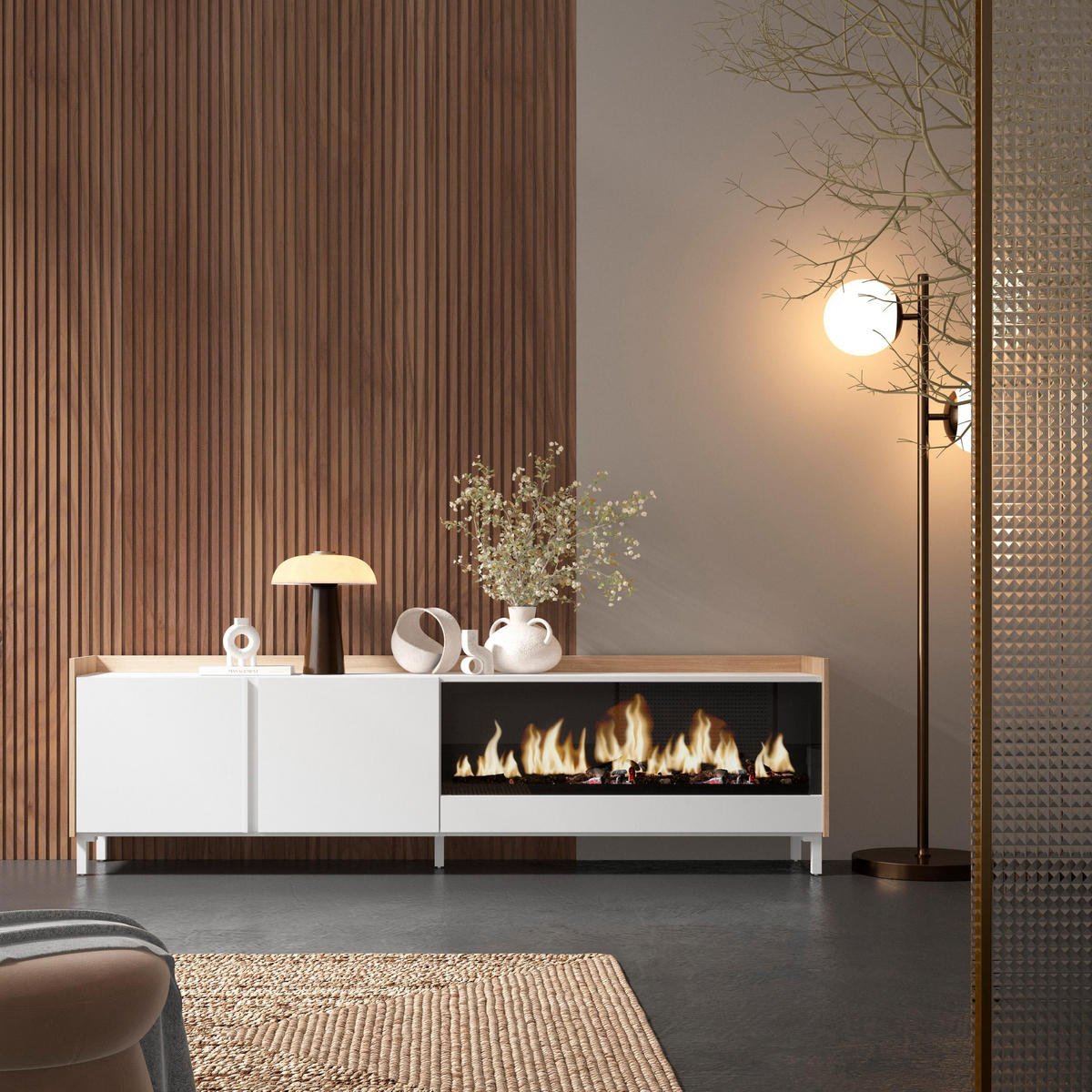 LOWBOARD, Weiß und Eiche, 212/35/61cm, Kamin mit Feuereffekt XXL - Weiß, Holzwerkstoff (212/61/35cm) - Skraut Home