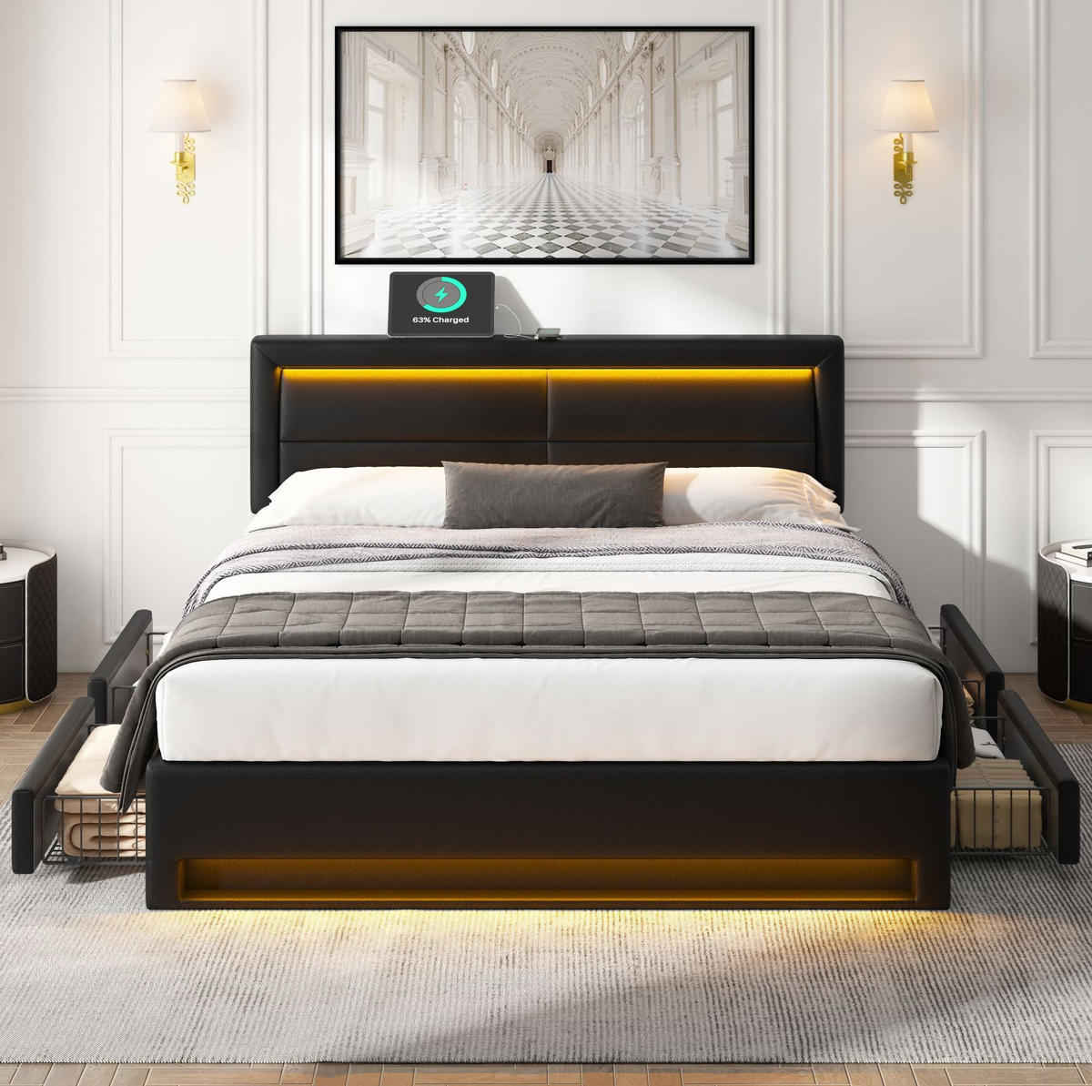 POLSTERBETT mit USB, LED und 4 Schubladen 140x200 cm PU Schwarz - Schwarz, Metall (140/200cm) - Meubliv