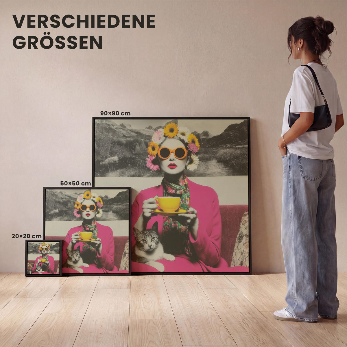 LEINWAND Bilder mit Rahmen - Frau - Katze - Blumen - Tasse - Retro - 50x50 - Magenta, Textil (50/50cm) - MuchoWow