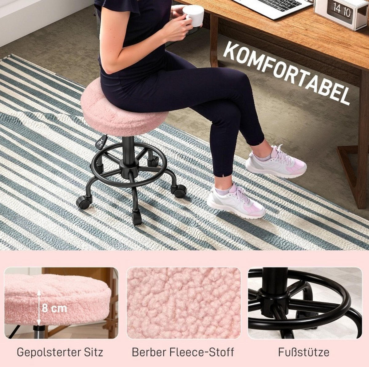 ROLLHOCKER in Rosa 50x50x66 cm, höhenverstellbar von 50–66 cm und um 360° drehbar - Pink, Textil (50/66/50cm) - IVMEU