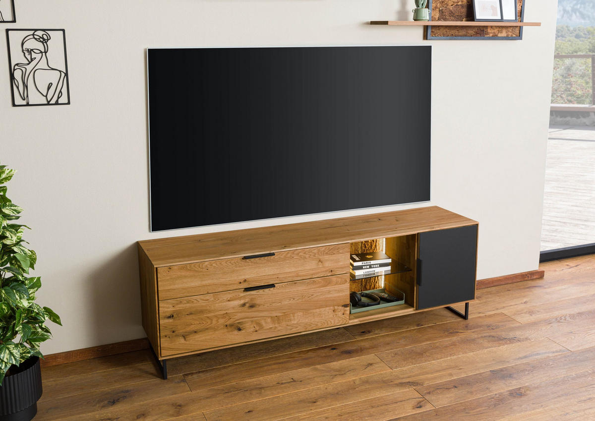 LOWBOARD Wildeiche mit Glastür 180x43x59 natur geölt LINDAU #125 - Schwarz/Naturfarben, Holz (180/59/43cm) - Massivmoebel24