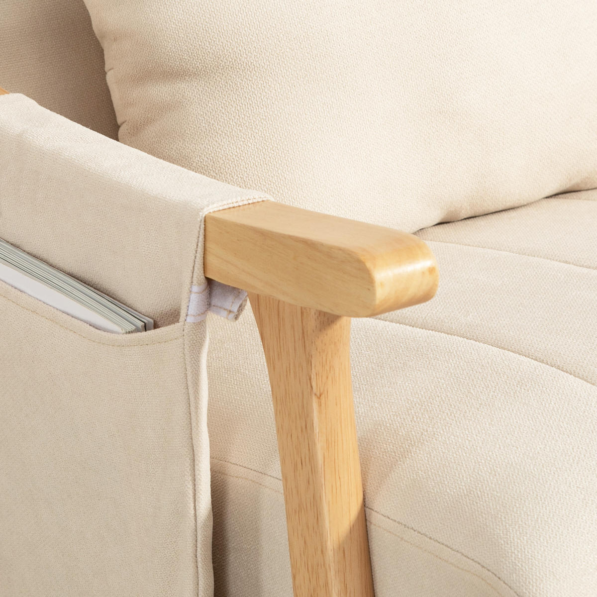SCHAUKELSTUHL Schaukelsessel mit Lendenkissen, Seitentasche für Wohnzimmer Beige - Beige/Naturfarben, Holz/Buchenholz (65/98/90cm) - HOMCOM