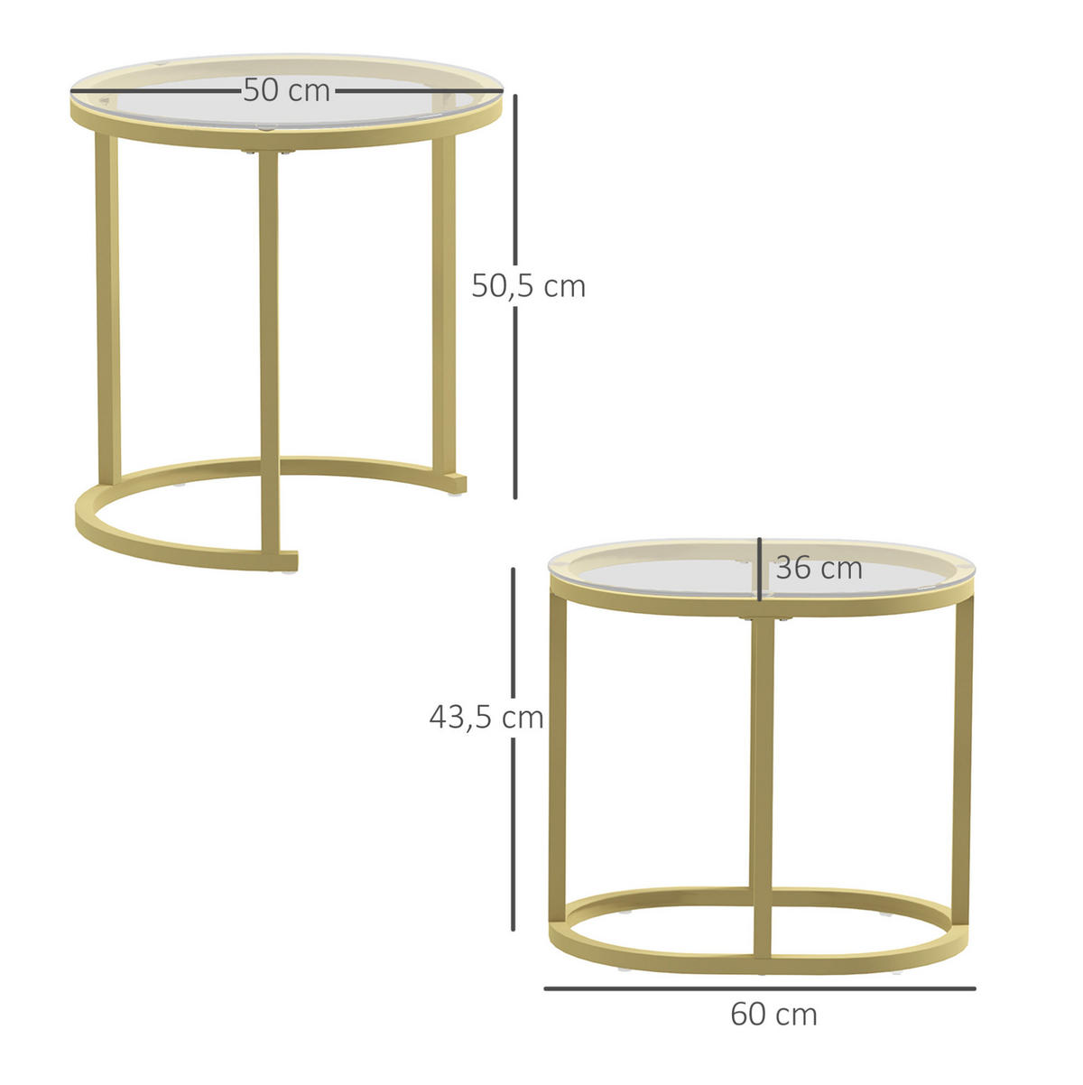 COUCHTISCH 2er-Set in Gold, stapelbar, mit Hartglas und Stahlrahmen,50/50/50.5 cm - Goldfarben, Metall (50/50/50.5cm) - Flora Grace