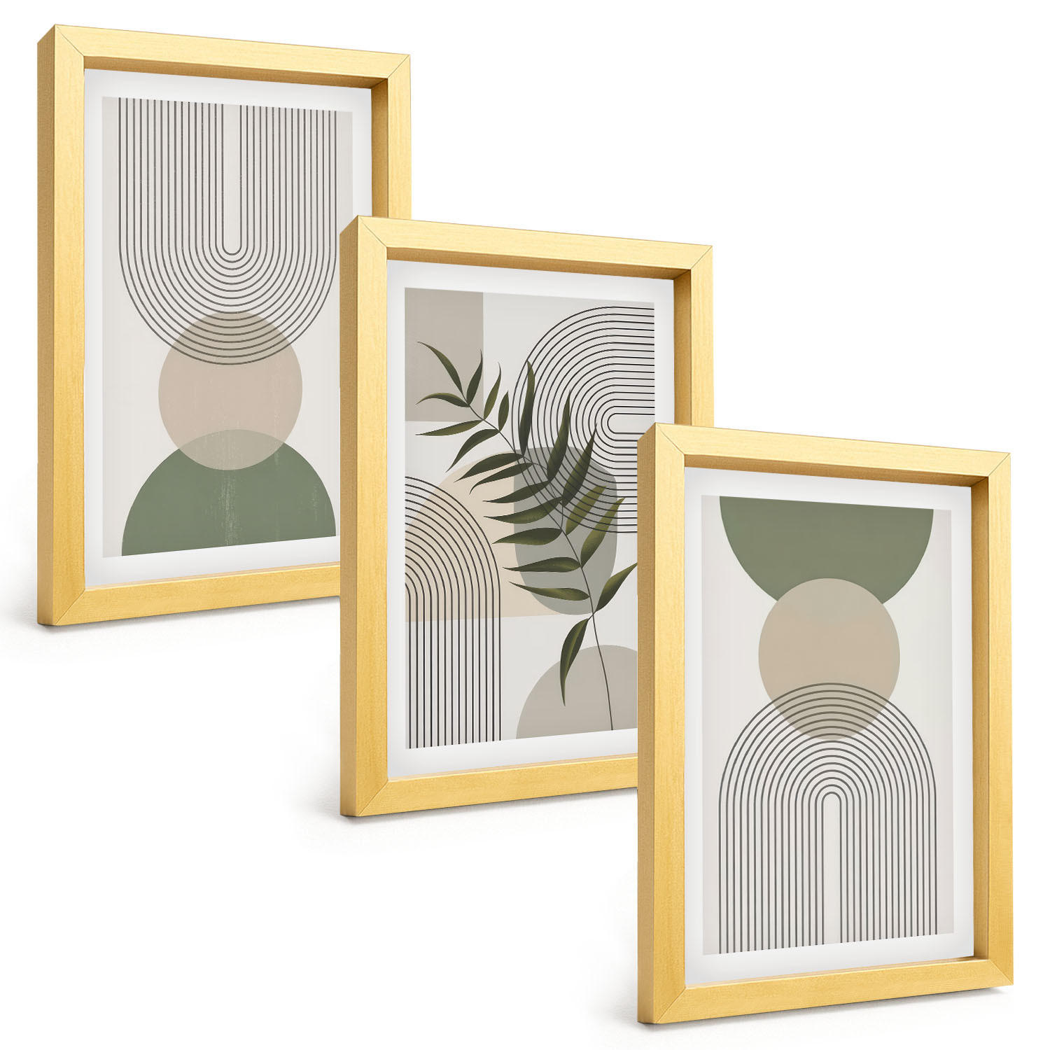 BILDER SET 3er Set - 20x30 cm Goldrahmen - Abstrakte Formen mit Grün - Goldfarben, Kunststoff (20/30cm) - TULUP