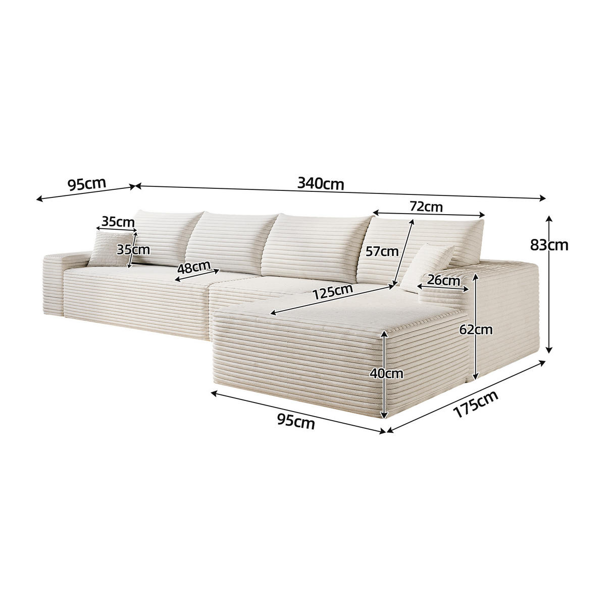 ECKSOFA 340/175/83 cm Weiß mit L-förmiger Chaiselongue, Rechte Seite - Weiß, Textil (340/175cm) - Oxeza