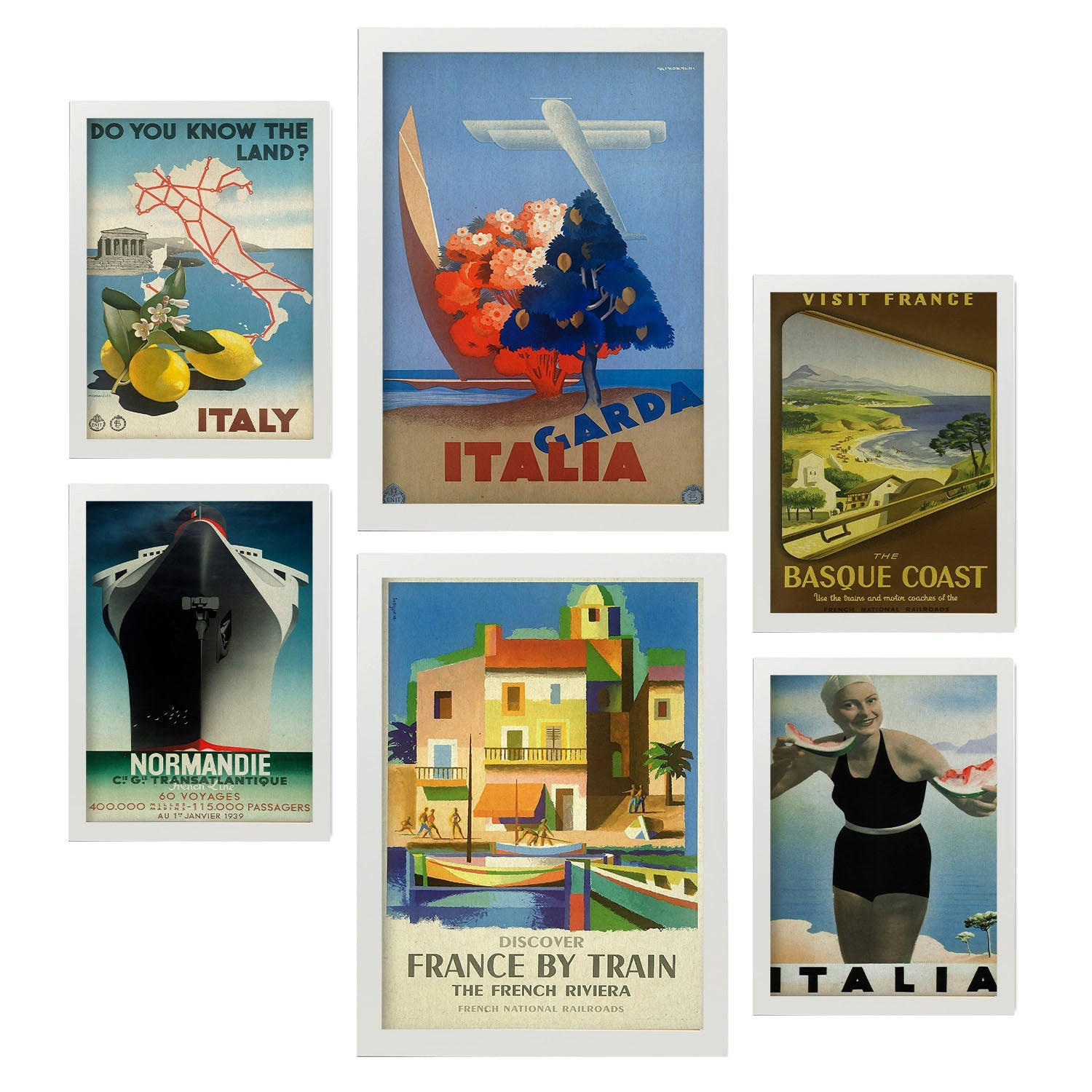 POSTER Set Mit 6 Mittelmeerländer Vollfarbige Illustrationen Von Vintage Tourismus Werbetafeln Aus Der Ganzen Welt A3 & A4 Weißer Rahmen - Weiß, Papier (29/3cm) - Nacnic