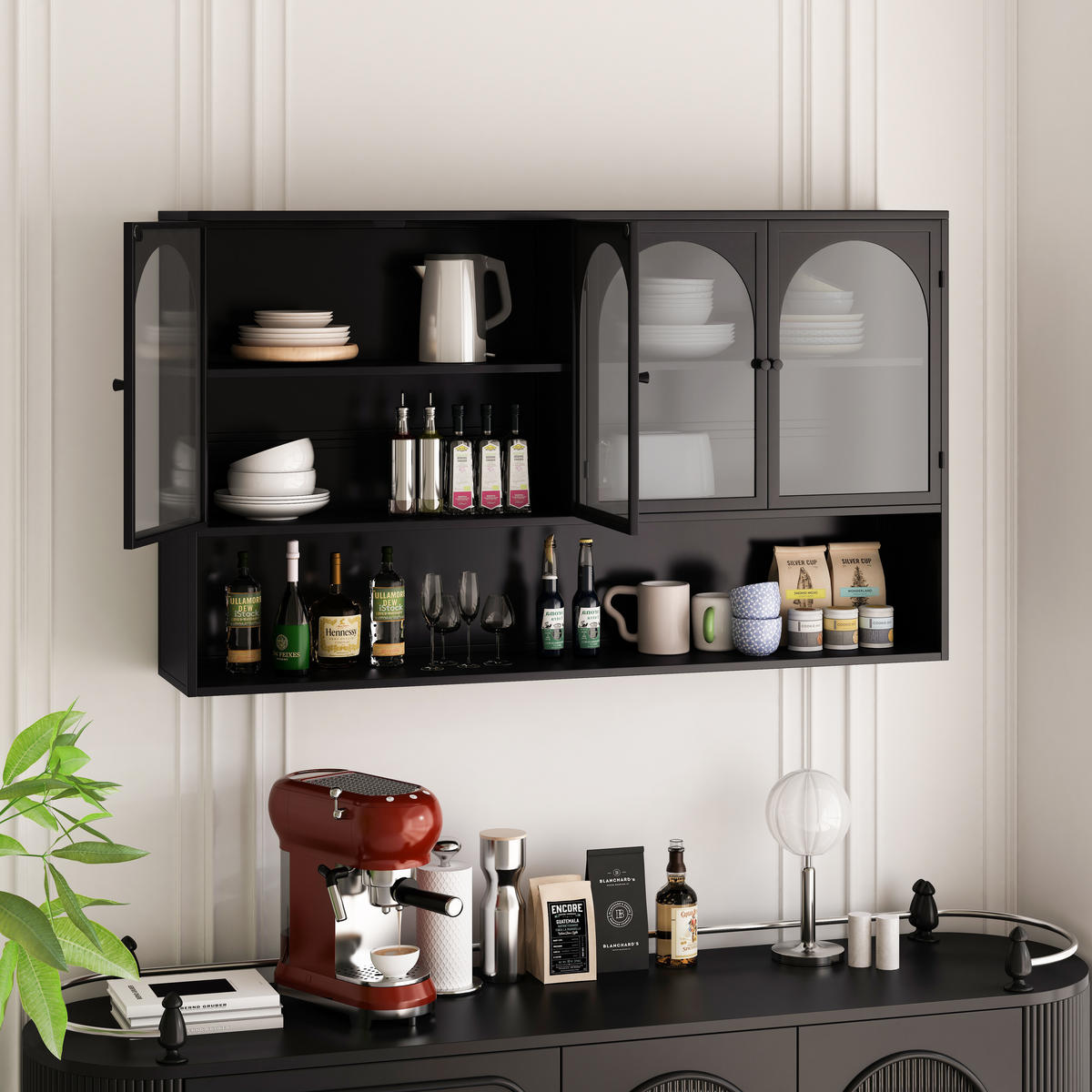 HÄNGESCHRANK DE-38130 120/23/70 cm mit 4 Glastüren Schwarz - Schwarz, Metall (120/70/23cm) - ComfortXL