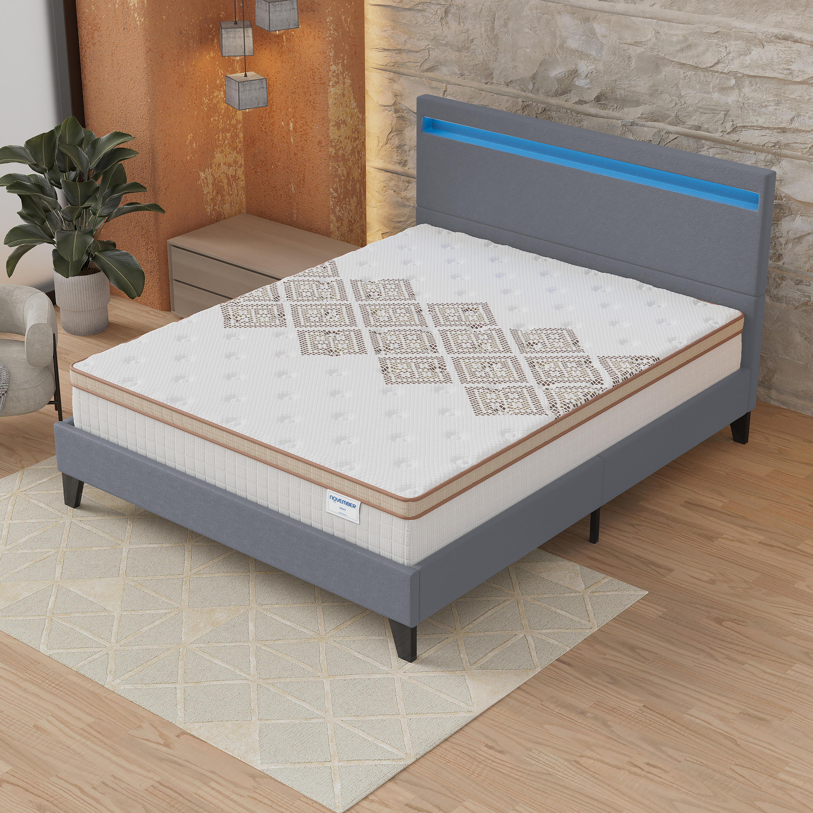 POLSTERBETT und MATRATZE - 160 x 200 cm - Taschenfederkern - 28cm dick - Grau, Naturmaterialien/Holz (160/200cm) - November Sleep