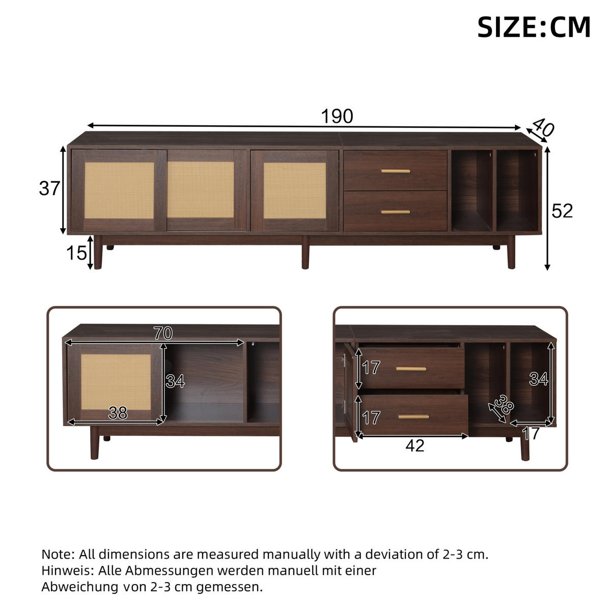 LOWBOARD 190/40/52 cm Braun aus MDF mit Rattantüren - Braun, Holzwerkstoff (40/52/190cm) - OKMYHOME