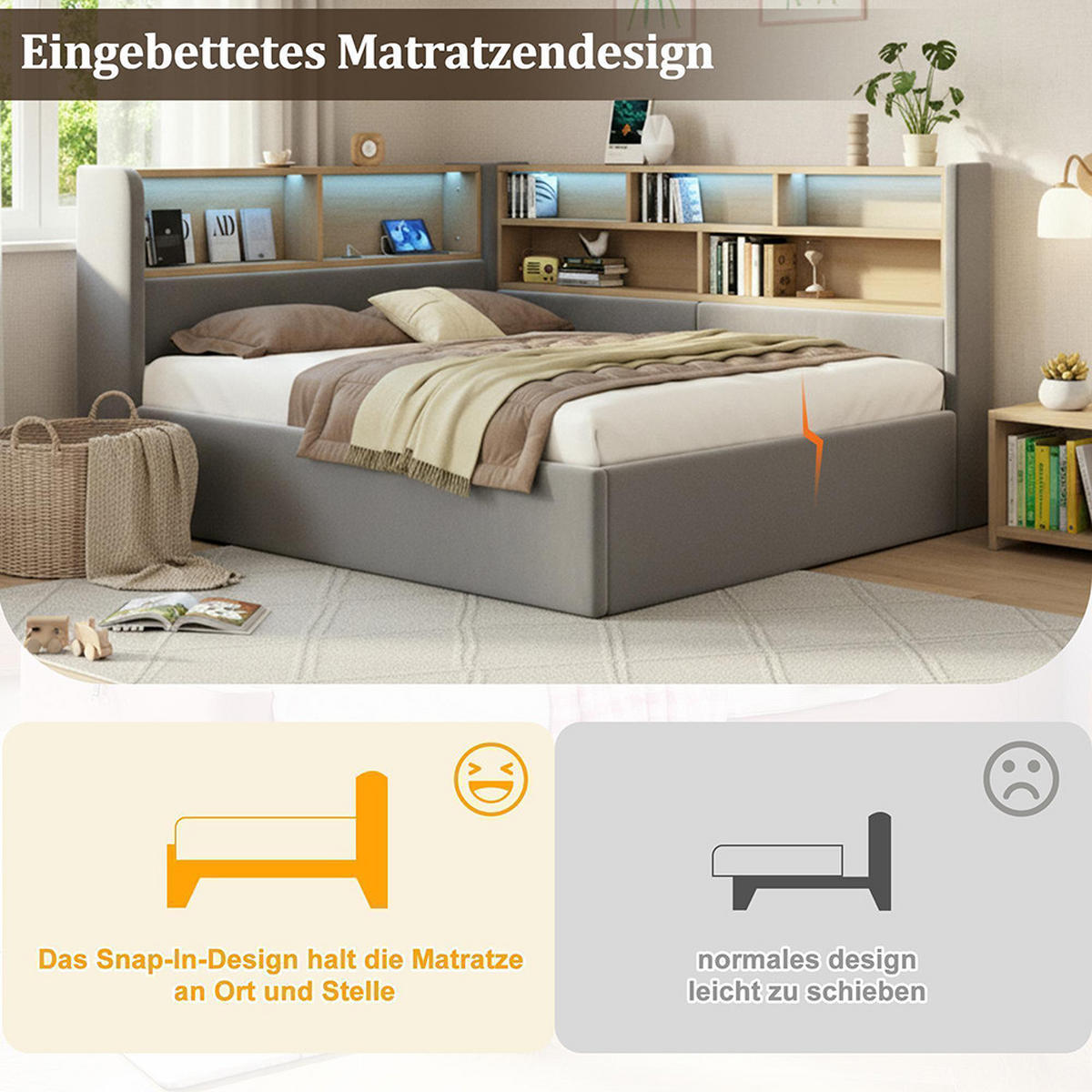 POLSTERBETT 140×200cm mit LED in Grau - Grau, Textil (140/200cm) - KOMHTOM